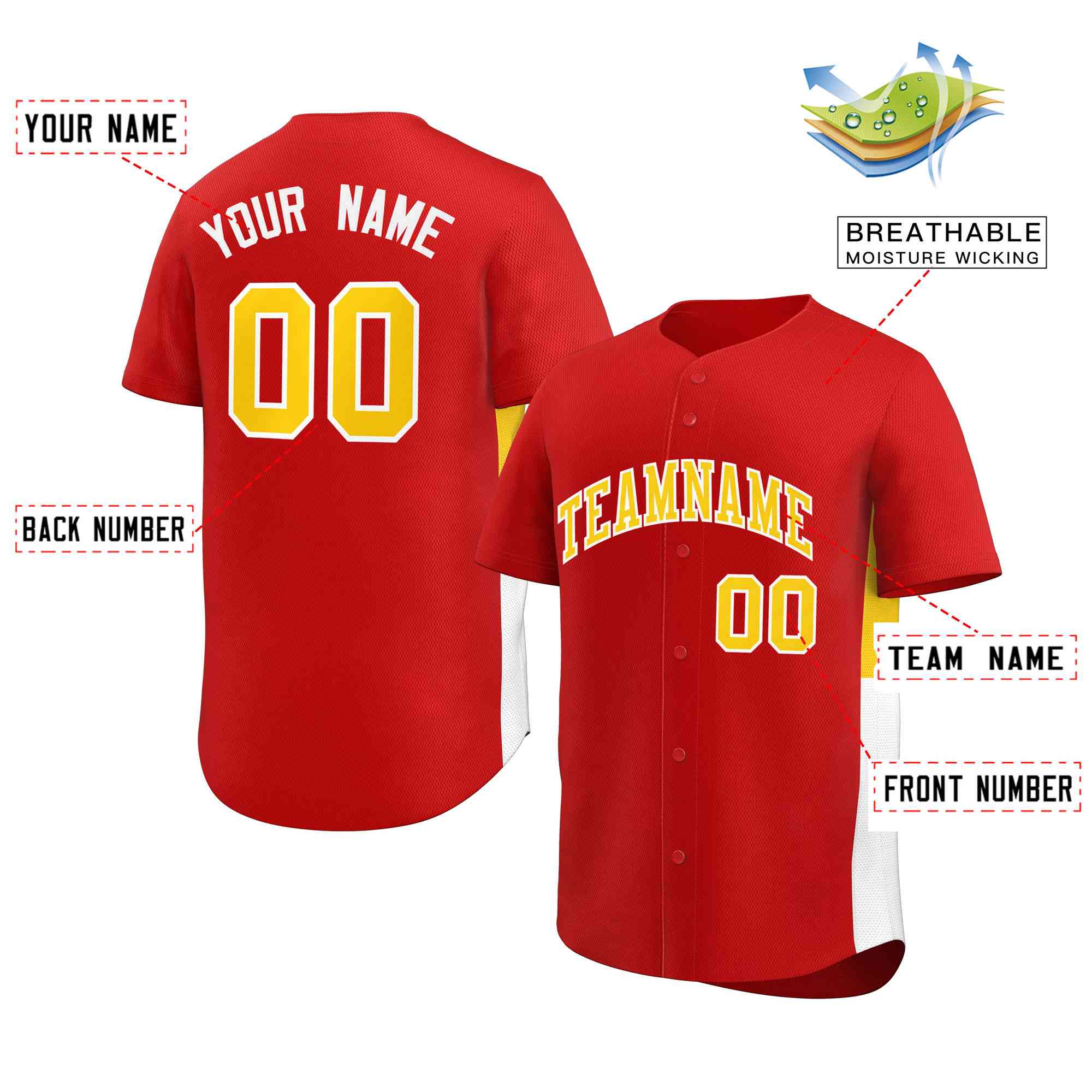 Custom Red Yellow-White Personalized Side Two-Tone Design Authentic Baseball Jersey