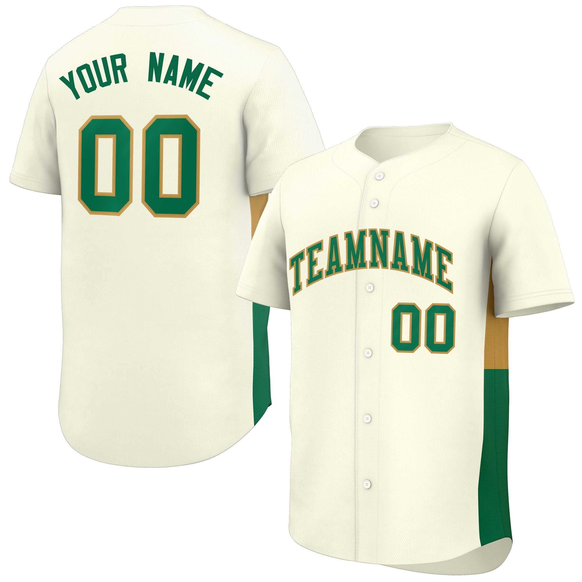 Custom Cream Kelly Green-Old Gold Personalized Side Two-Tone Design Authentic Baseball Jersey