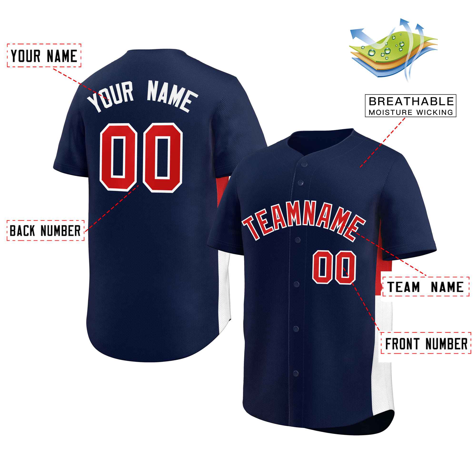 Custom Navy Red-White Personalized Side Two-Tone Design Authentic Baseball Jersey