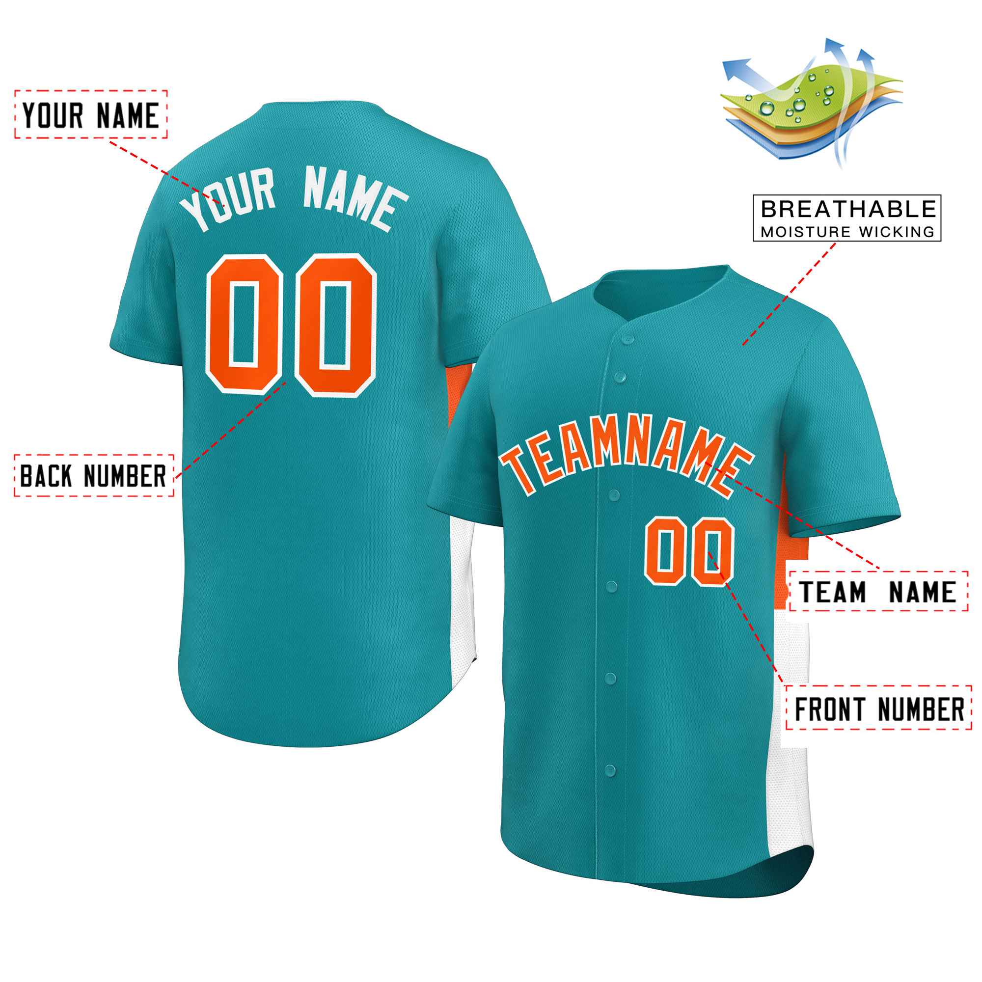 Custom Aqua Orange-White Personalized Side Two-Tone Design Authentic Baseball Jersey