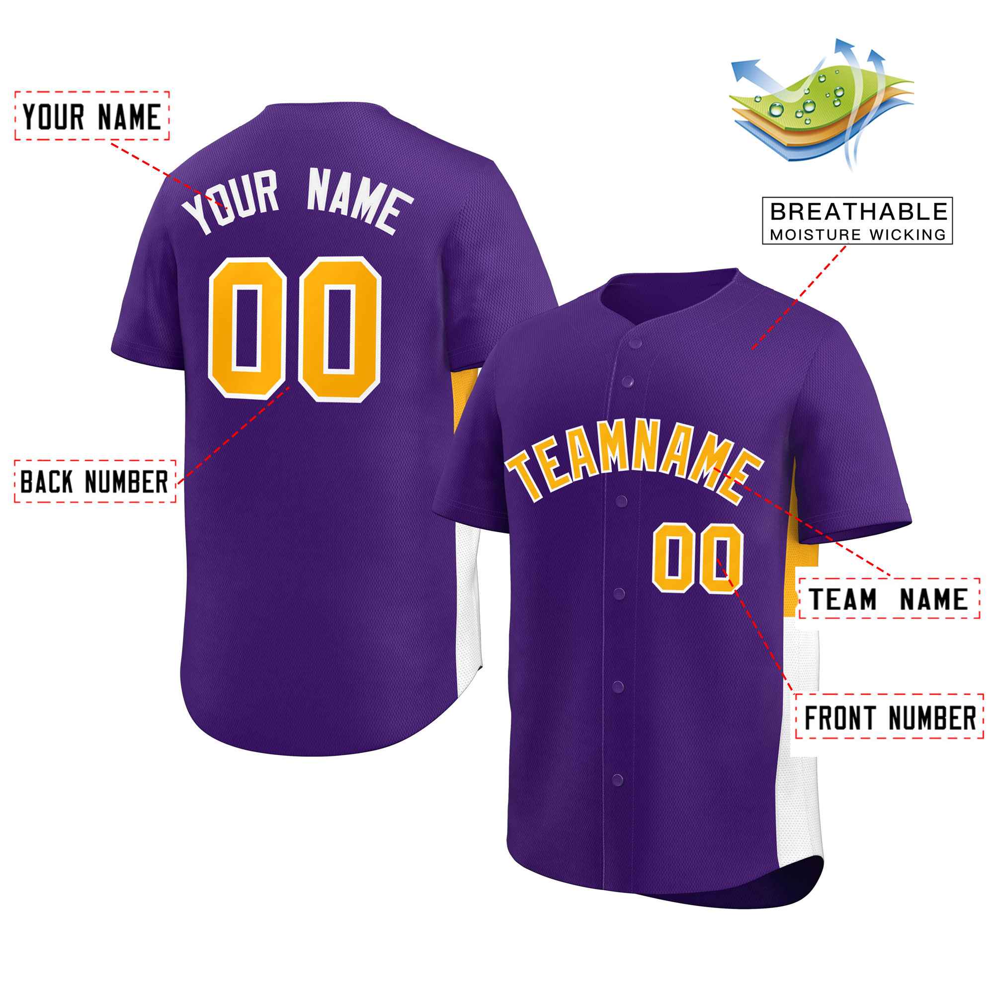 Custom Purple Yellow-White Personalized Side Two-Tone Design Authentic Baseball Jersey