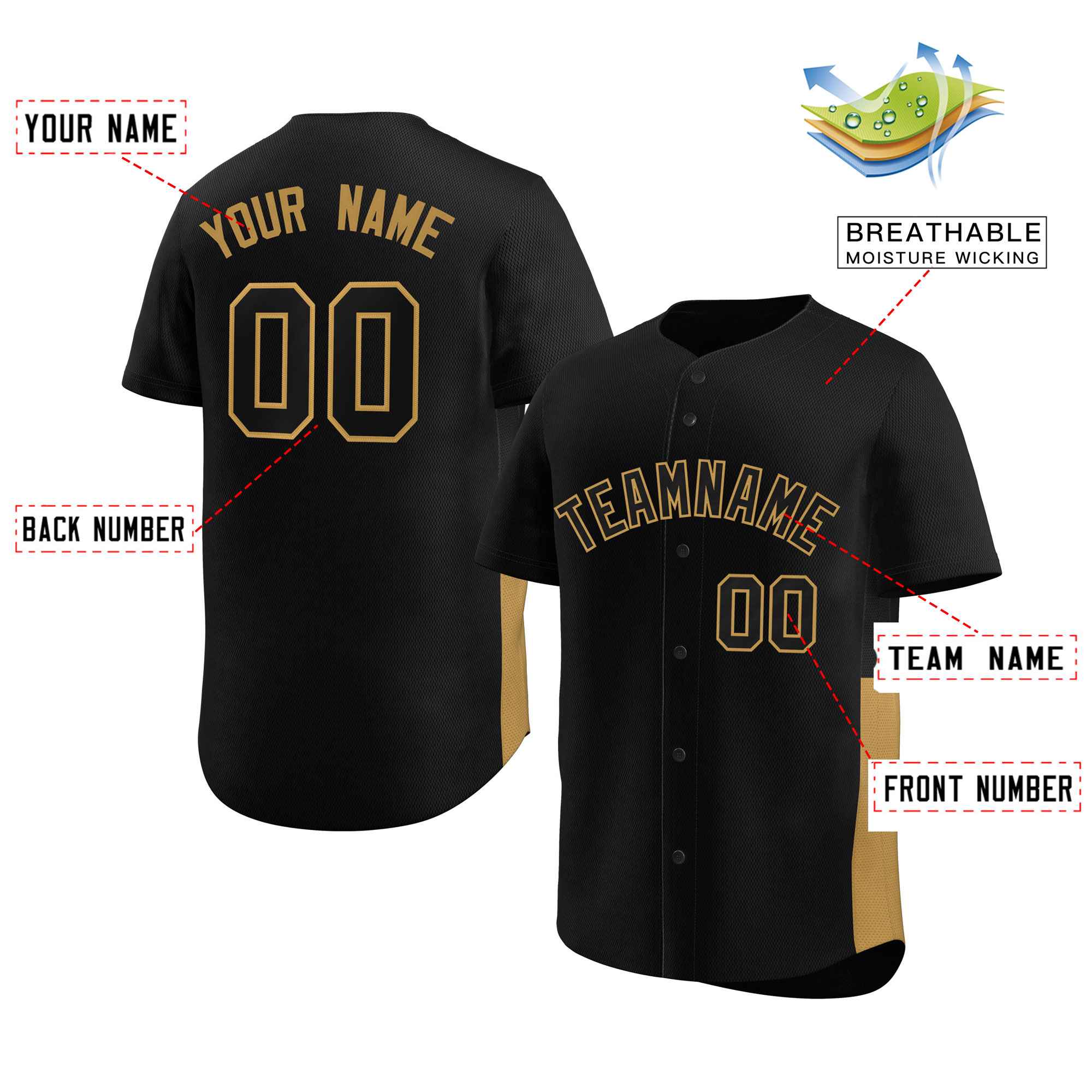 Custom Black Old Gold Personalized Side Two-Tone Design Authentic Baseball Jersey