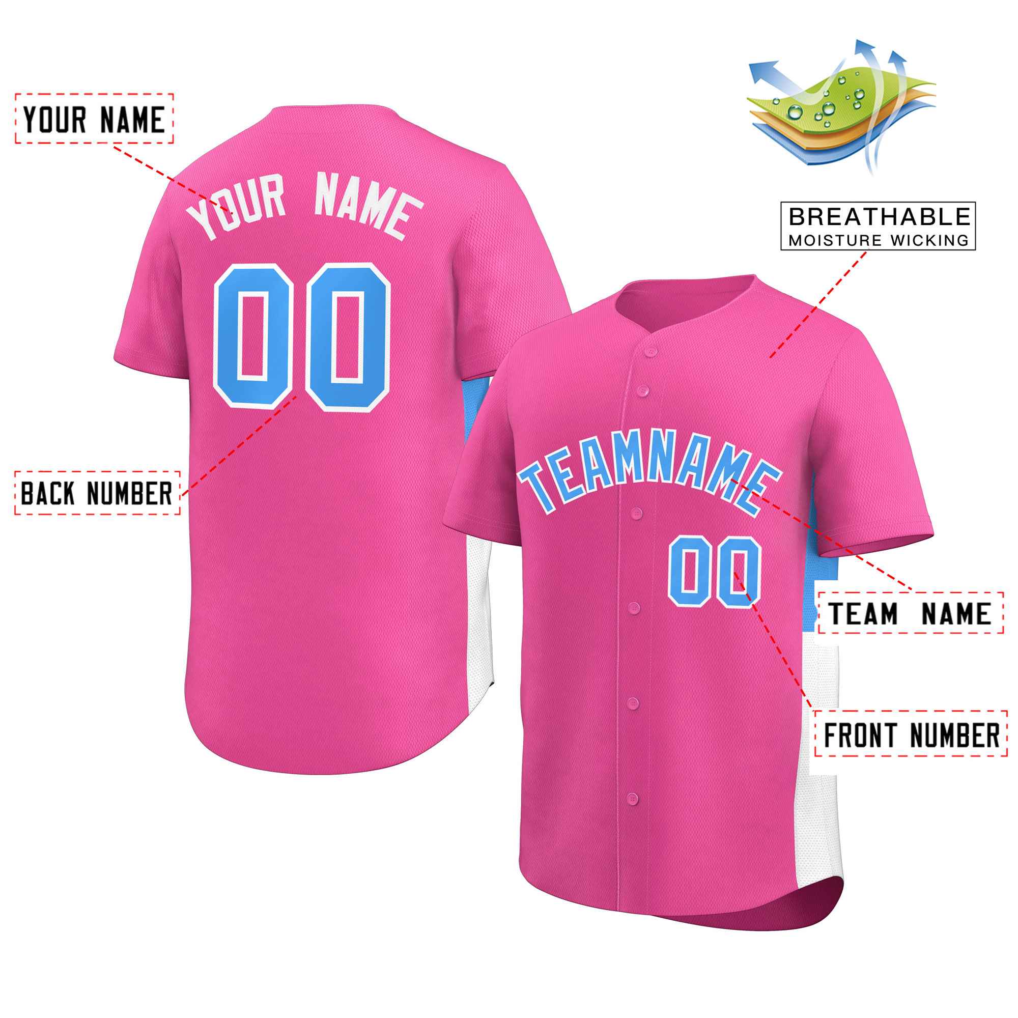 Custom Pink Powder Blue-White Personalized Side Two-Tone Design Authentic Baseball Jersey