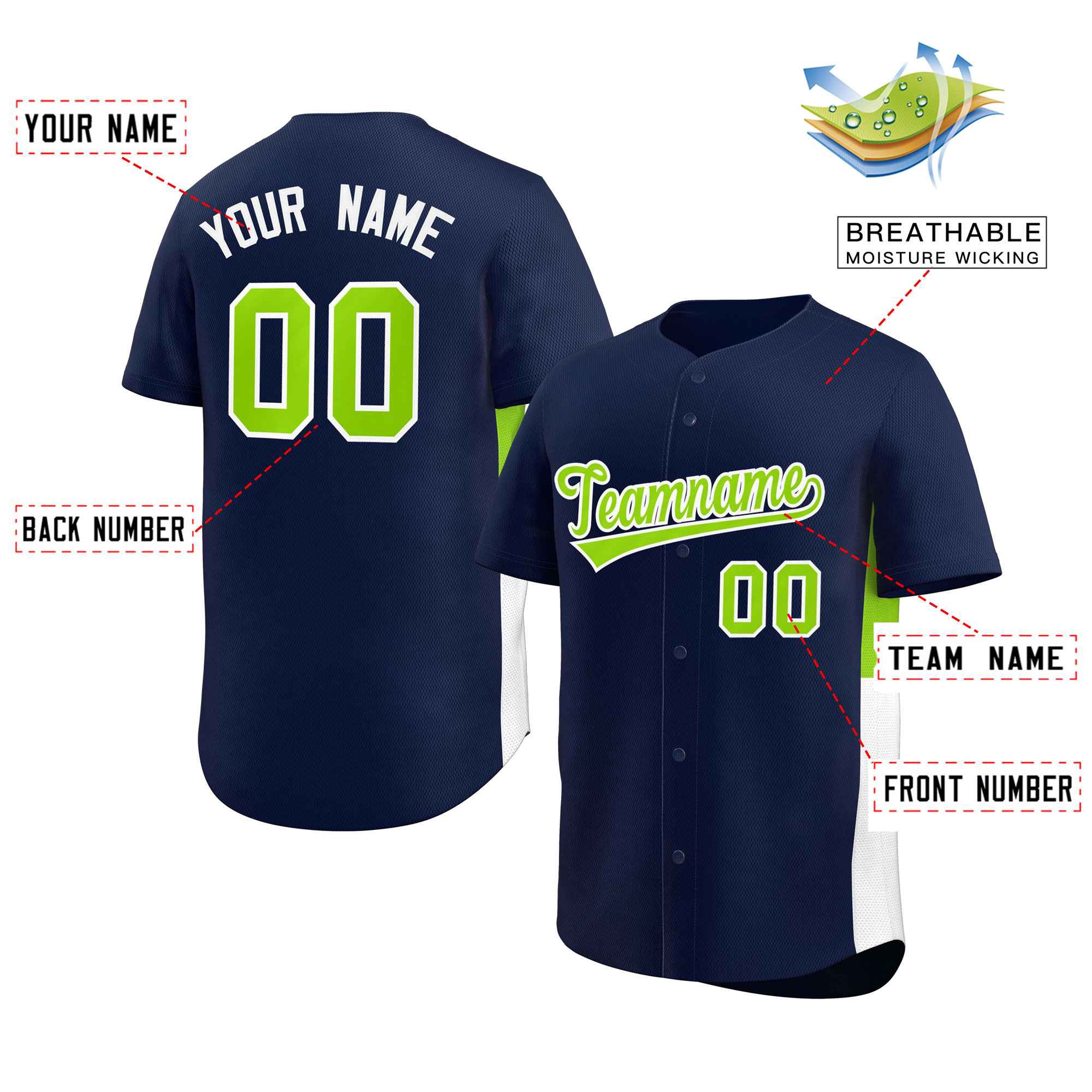 Custom Navy Neon Green-White Personalized Side Two-Tone Design Authentic Baseball Jersey