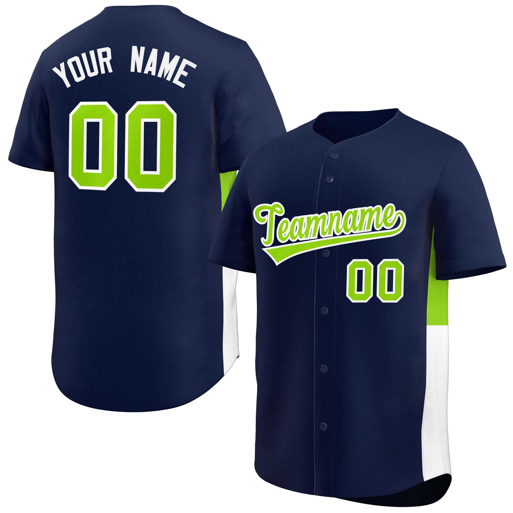 Custom Navy Neon Green-White Personalized Side Two-Tone Design Authentic Baseball Jersey