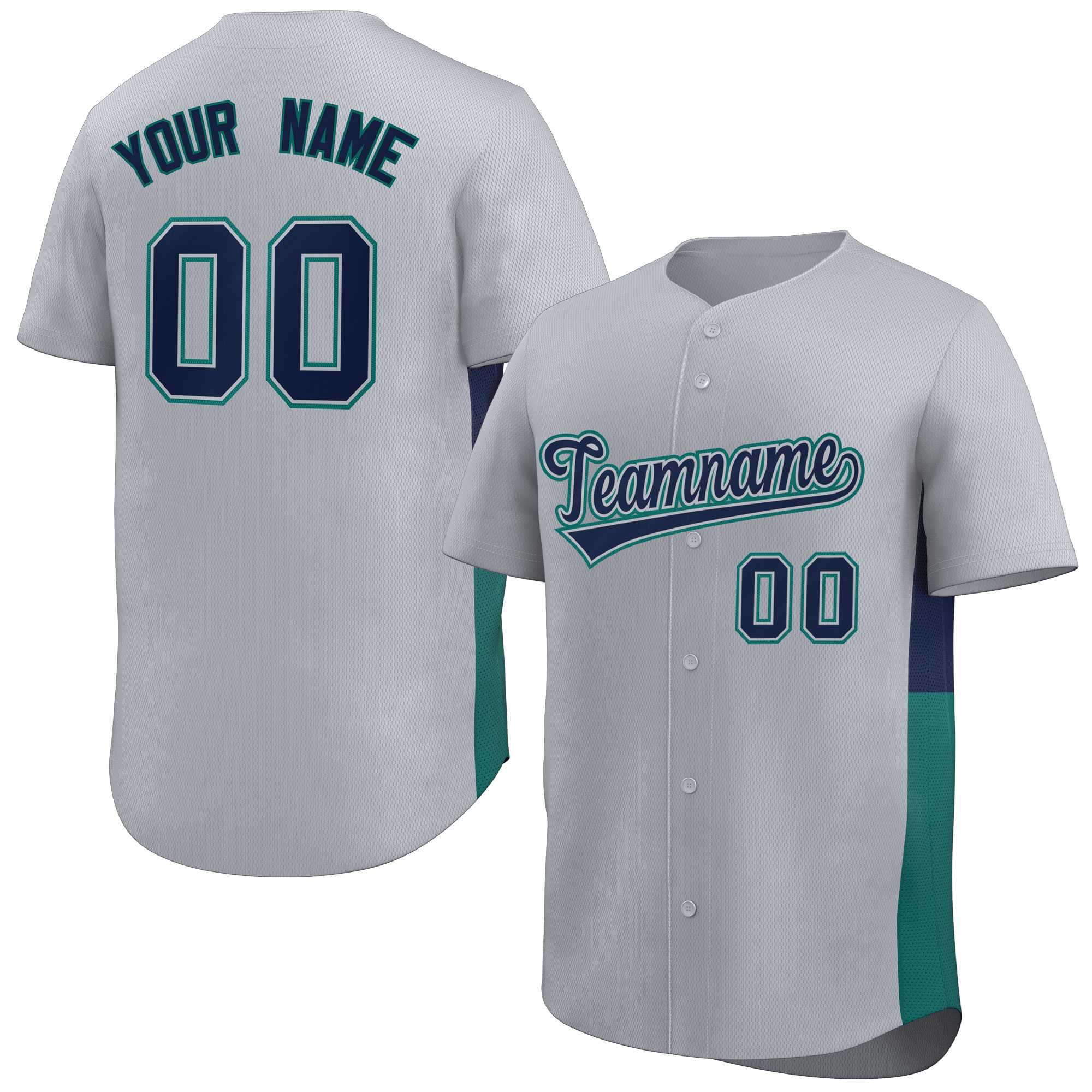 Custom Gray Navy-Aqua Personalized Side Two-Tone Design Authentic Baseball Jersey