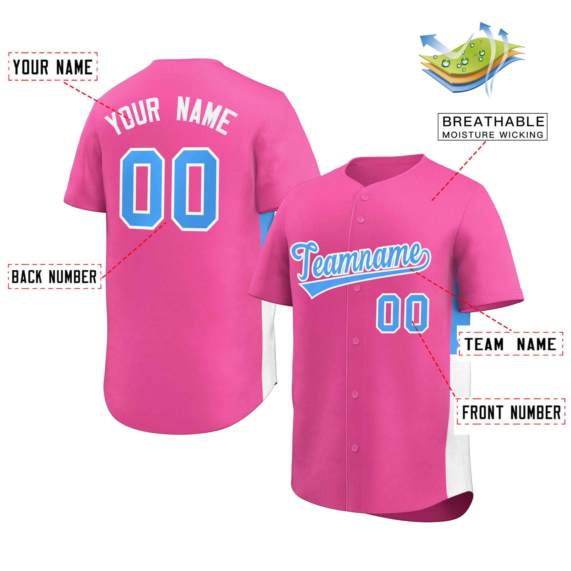 Custom Pink Powder Blue-White Personalized Side Two-Tone Design Authentic Baseball Jersey