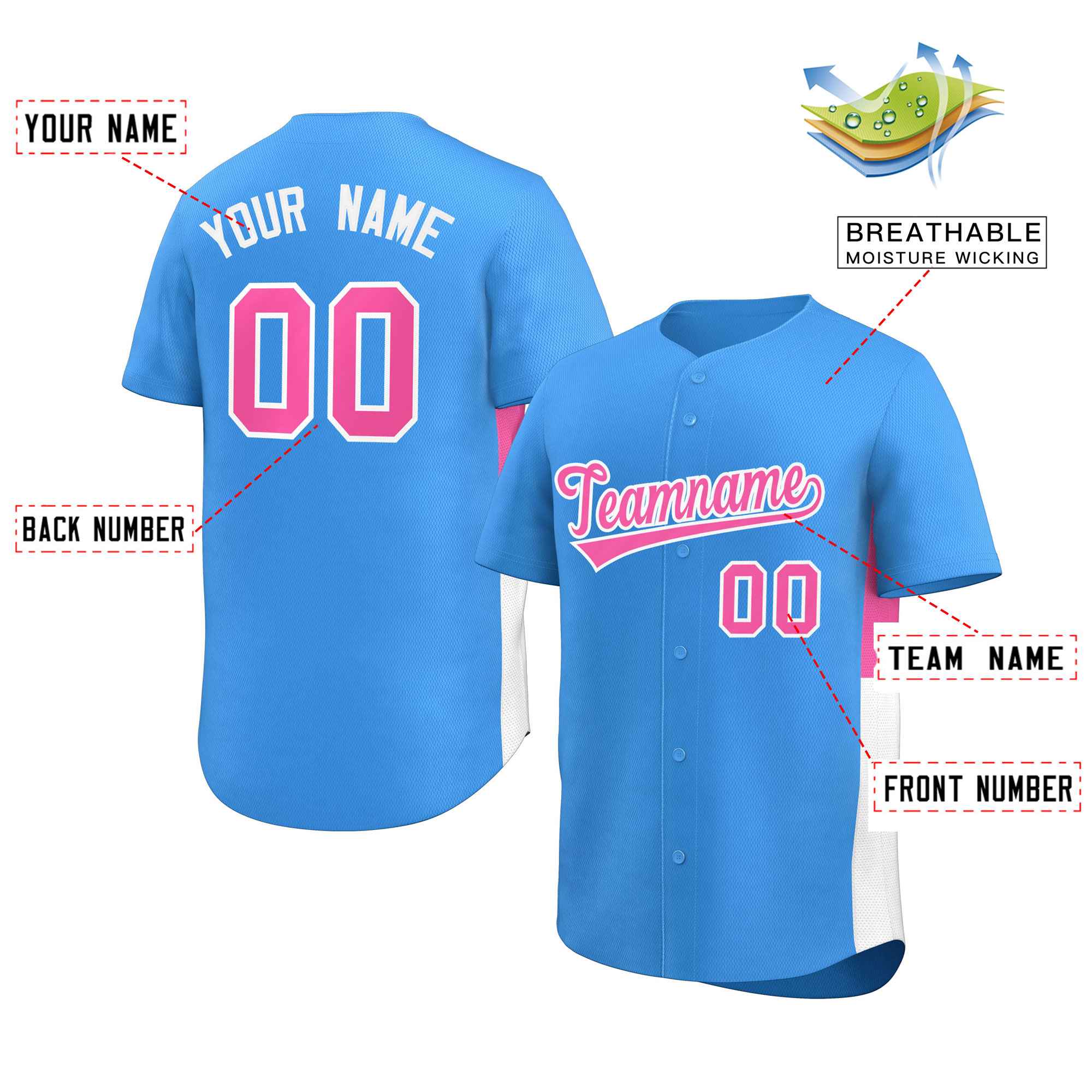 Custom Powder Blue Pink-White Personalized Side Two-Tone Design Authentic Baseball Jersey