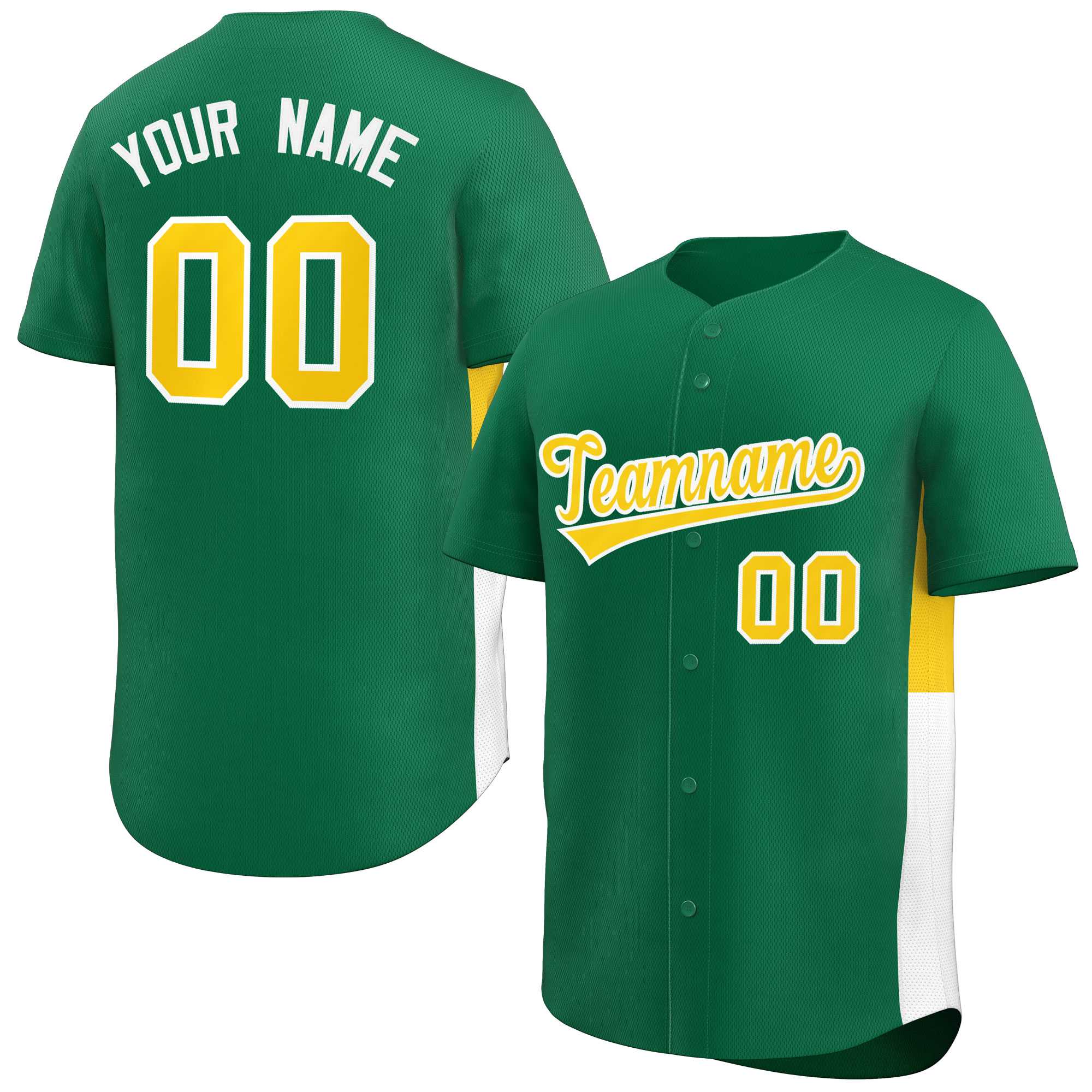 Custom Kelly Green Yellow-White Personalized Side Two-Tone Design Authentic Baseball Jersey