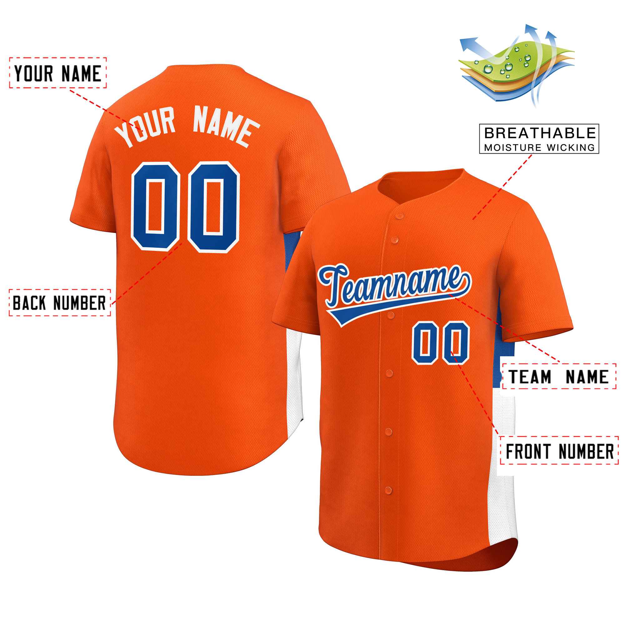 Custom Orange Royal-White Personalized Side Two-Tone Design Authentic Baseball Jersey