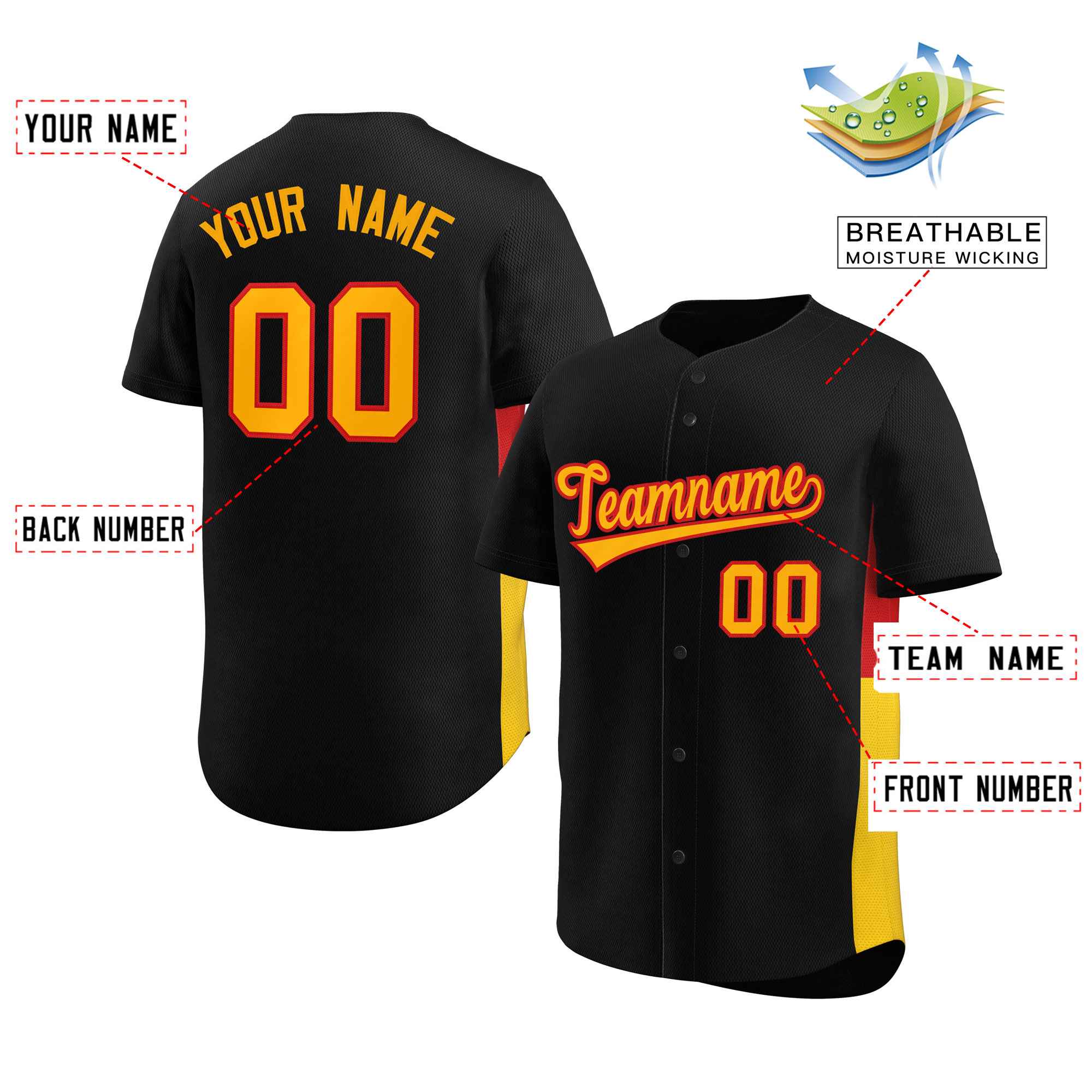 Custom Black Yellow-Red Personalized Side Two-Tone Design Authentic Baseball Jersey