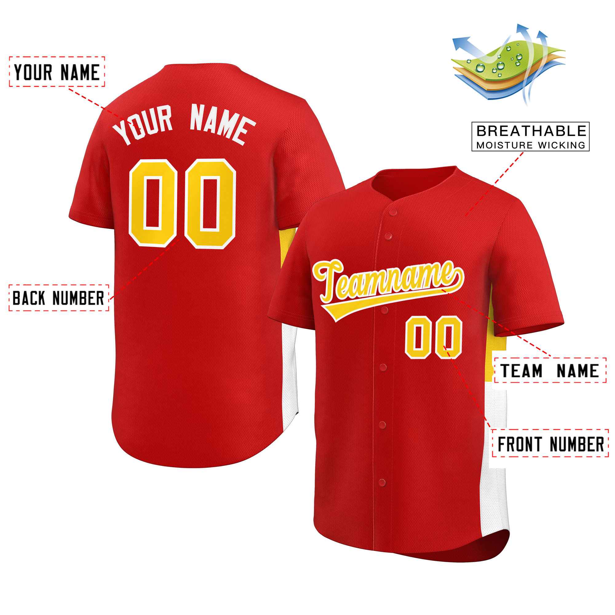 Custom Red Yellow-White Personalized Side Two-Tone Design Authentic Baseball Jersey