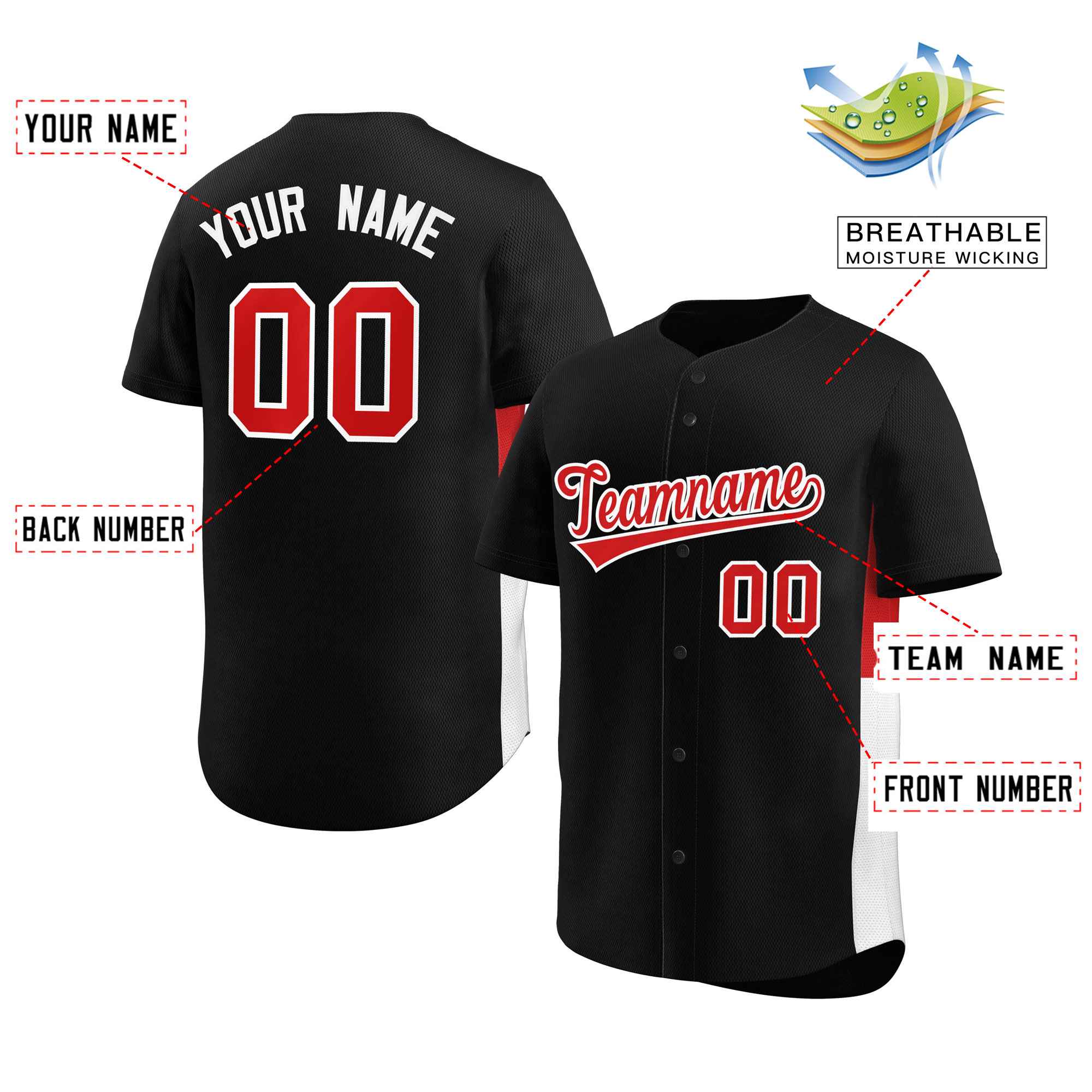 Custom Black Red-White Personalized Side Two-Tone Design Authentic Baseball Jersey