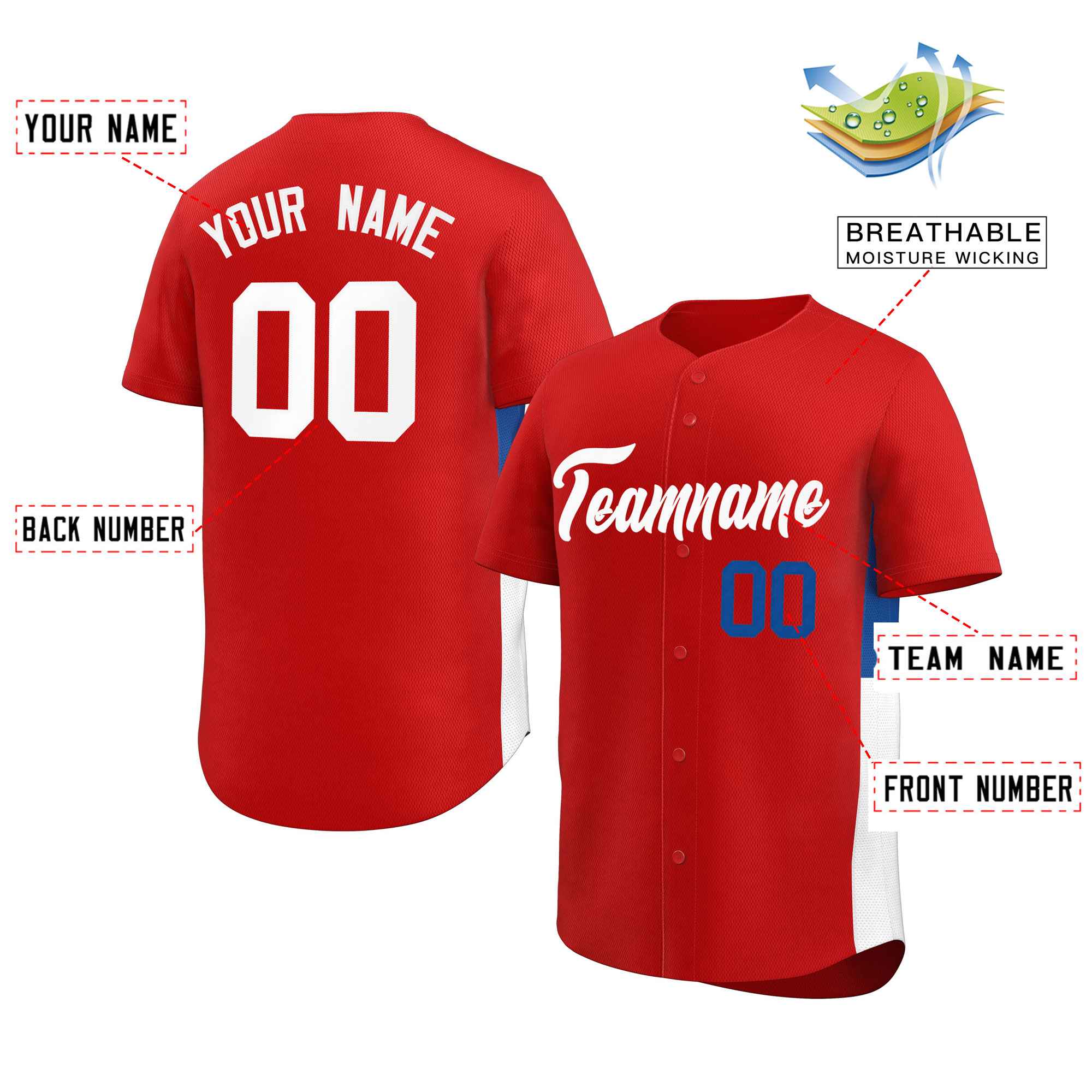 Custom Red White-Royal Personalized Side Two-Tone Design Authentic Baseball Jersey