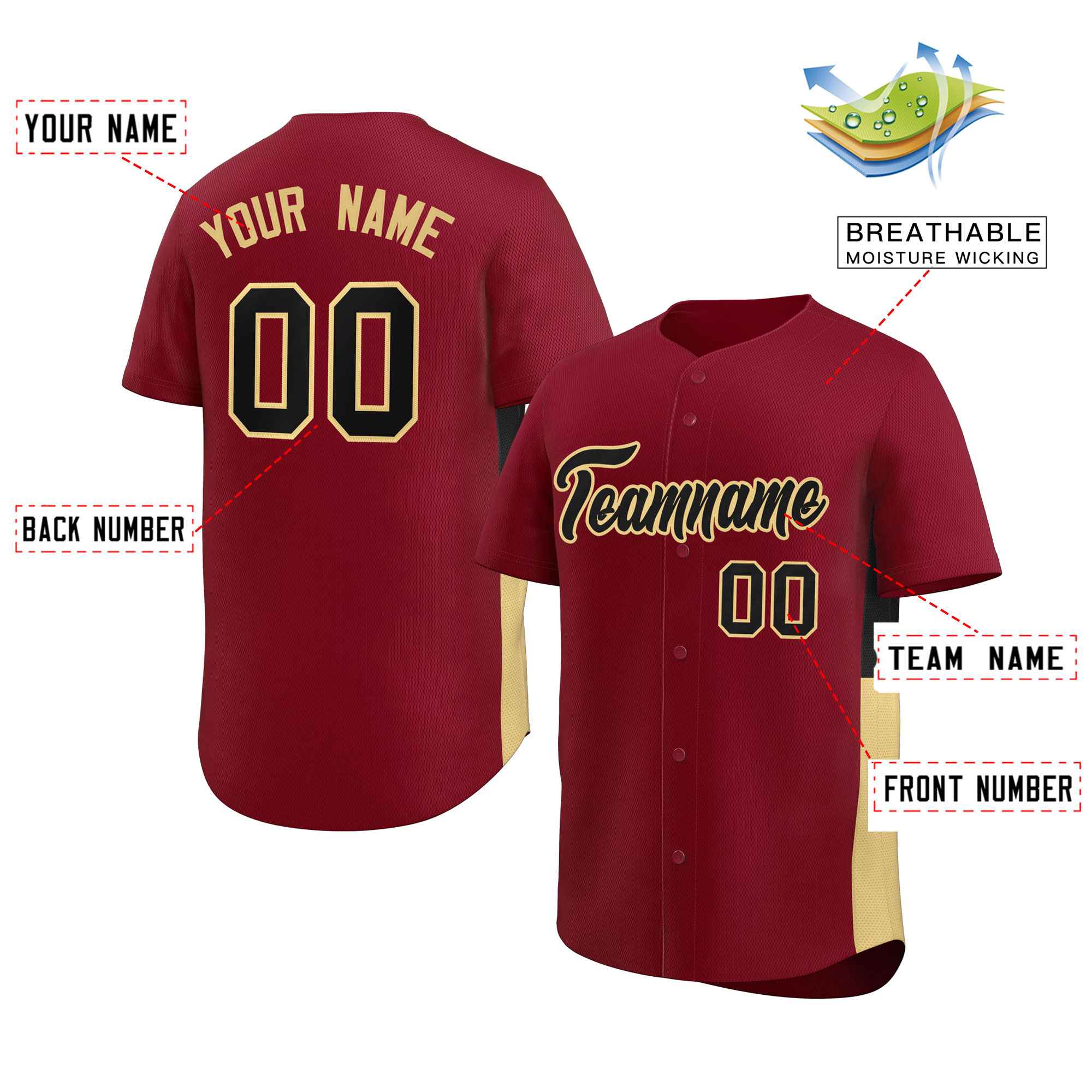 Custom Crimson Black-Khaki Personalized Side Two-Tone Design Authentic Baseball Jersey