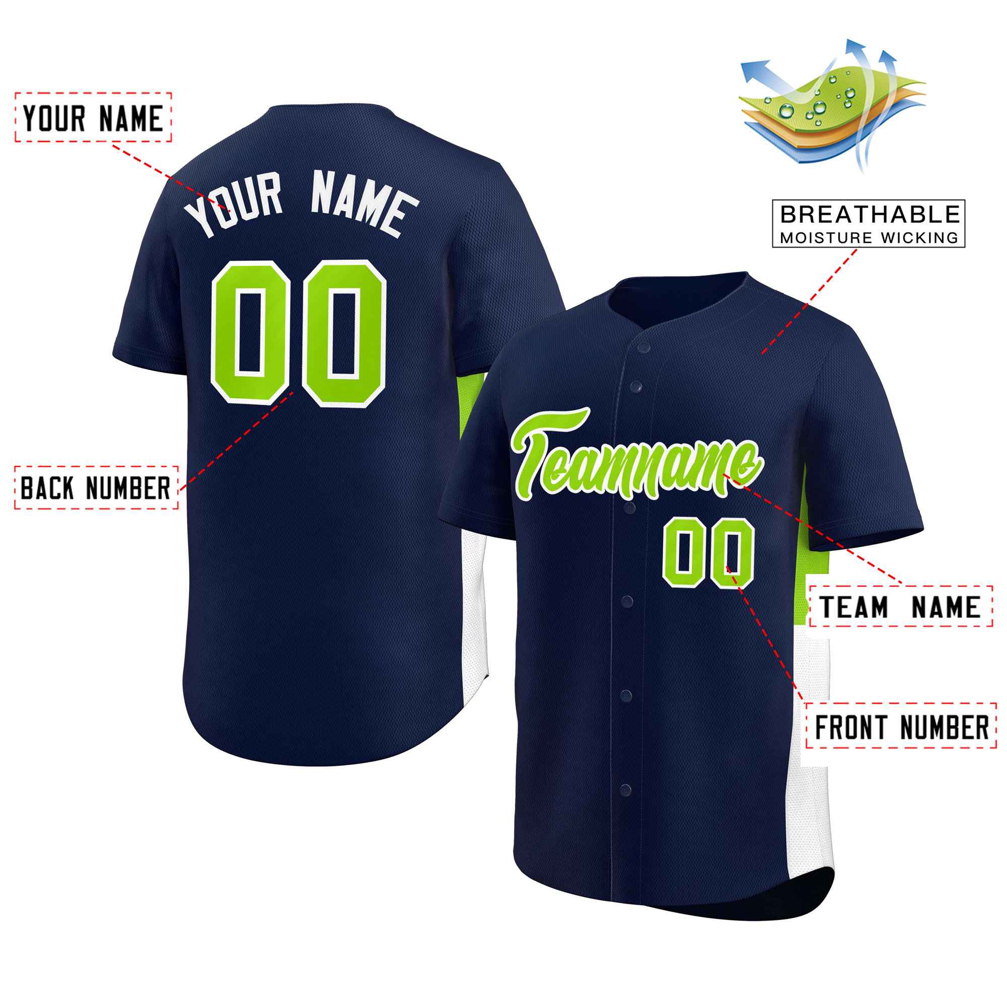 Custom Navy Neon Green-White Personalized Side Two-Tone Design Authentic Baseball Jersey