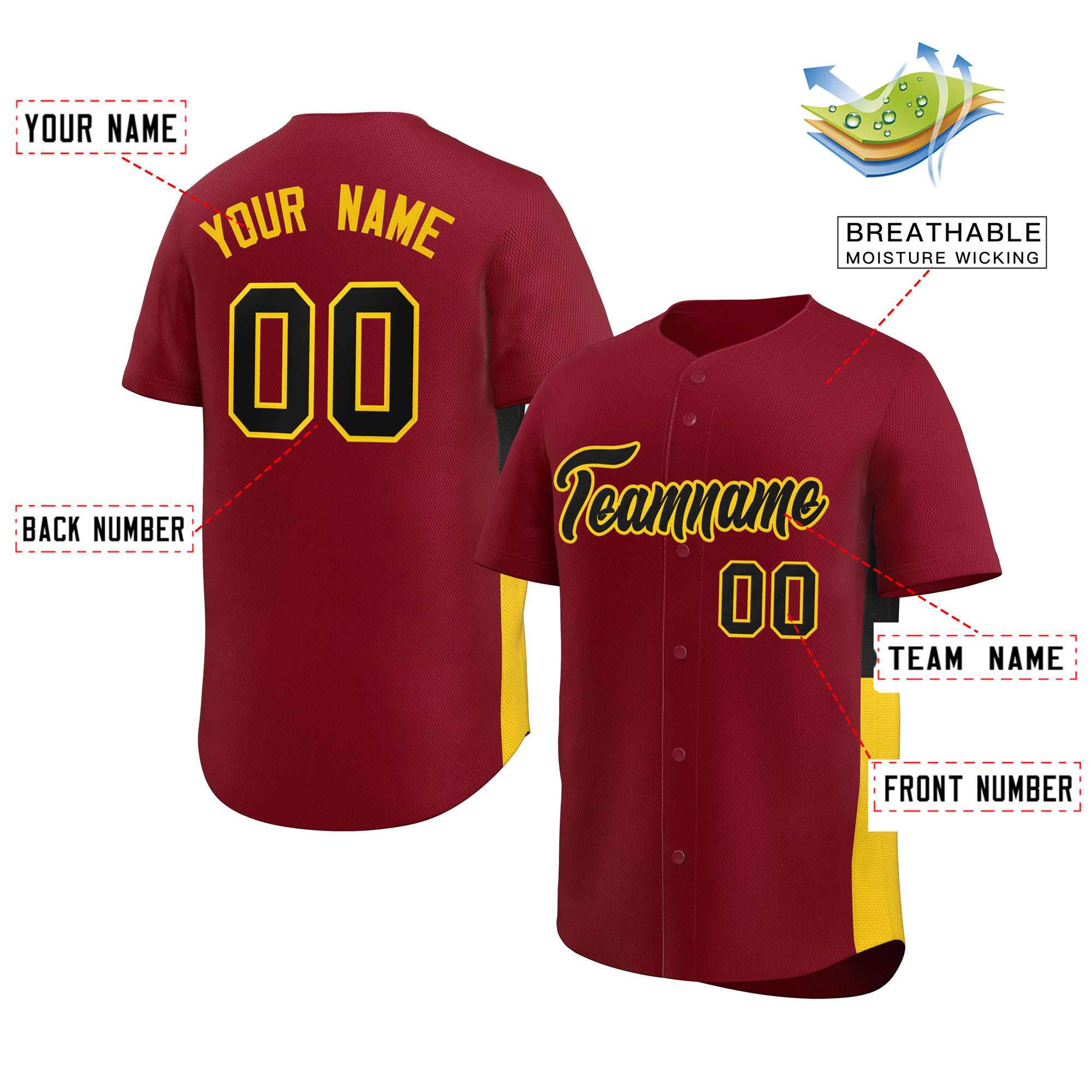 Custom Crimson Black-Yellow Personalized Side Two-Tone Design Authentic Baseball Jersey