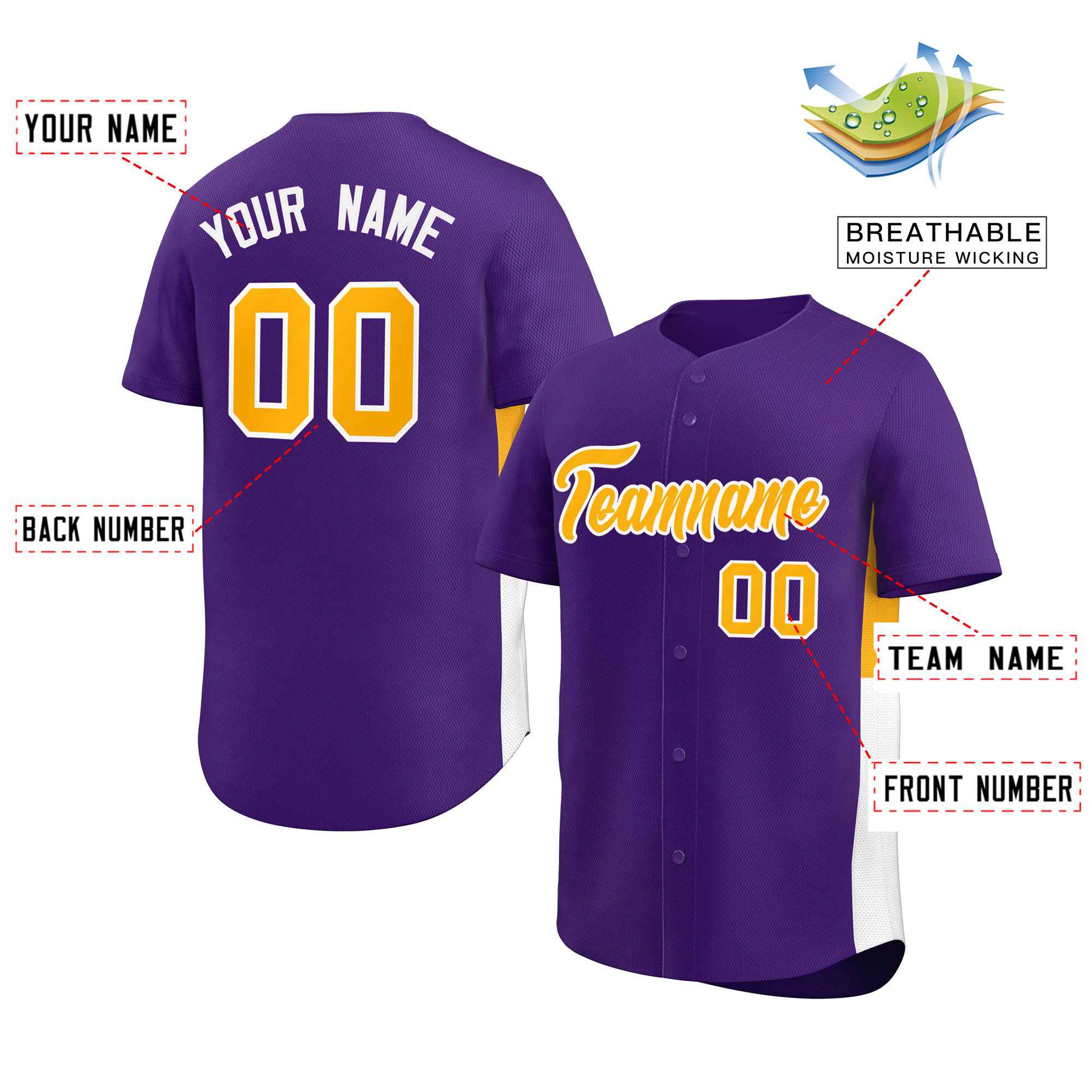 Custom Purple Yellow-White Personalized Side Two-Tone Design Authentic Baseball Jersey