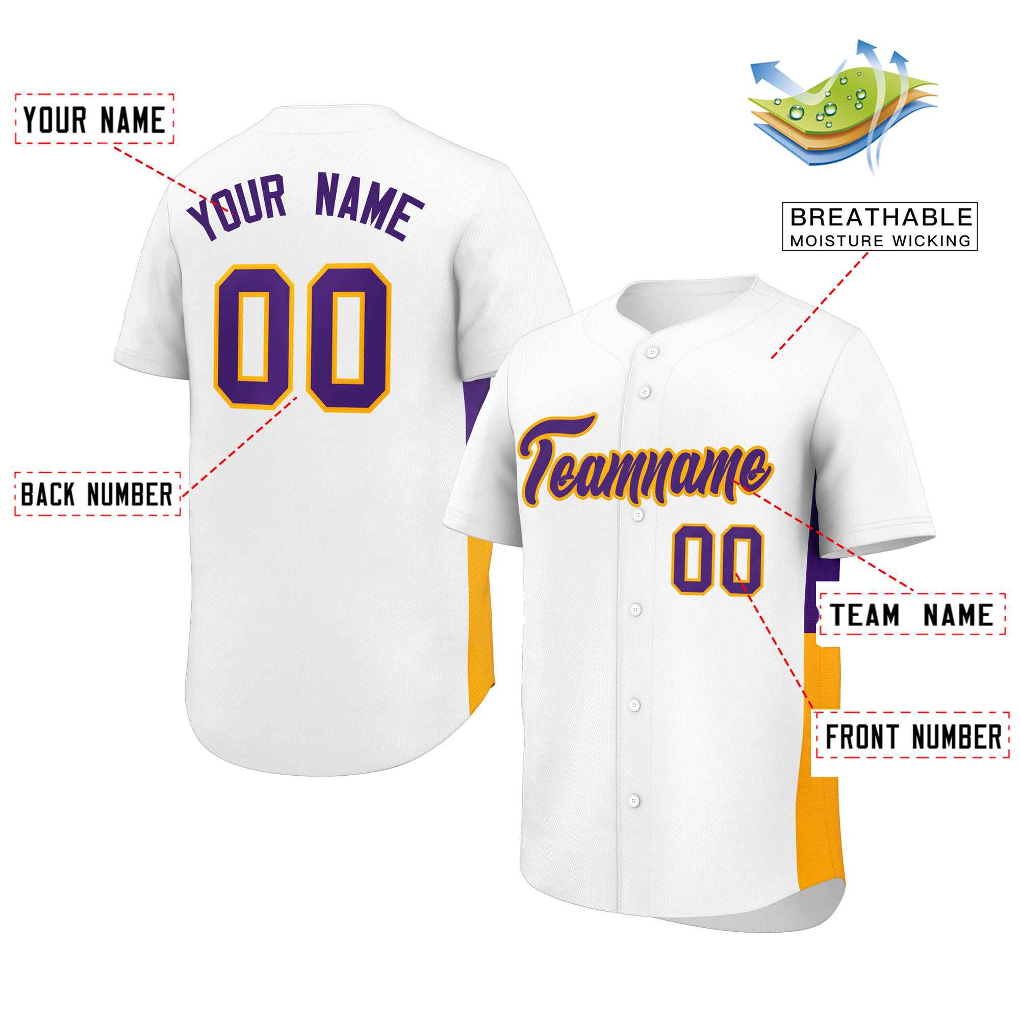 Custom White Purple-Yellow Personalized Side Two-Tone Design Authentic Baseball Jersey