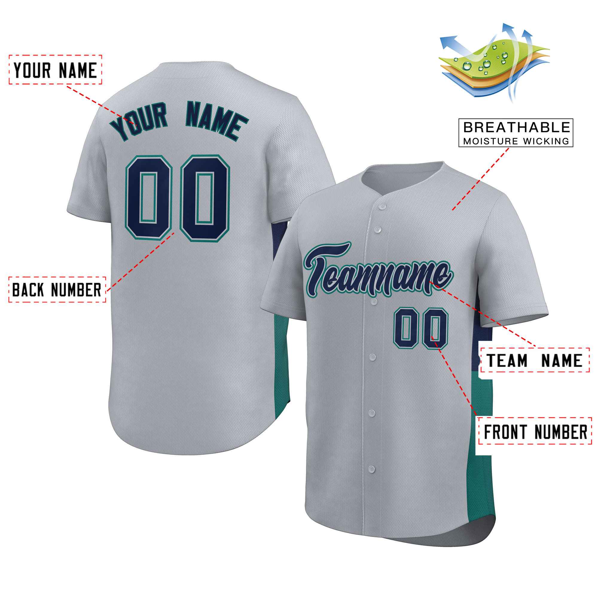 Custom Gray Navy-Aqua Personalized Side Two-Tone Design Authentic Baseball Jersey