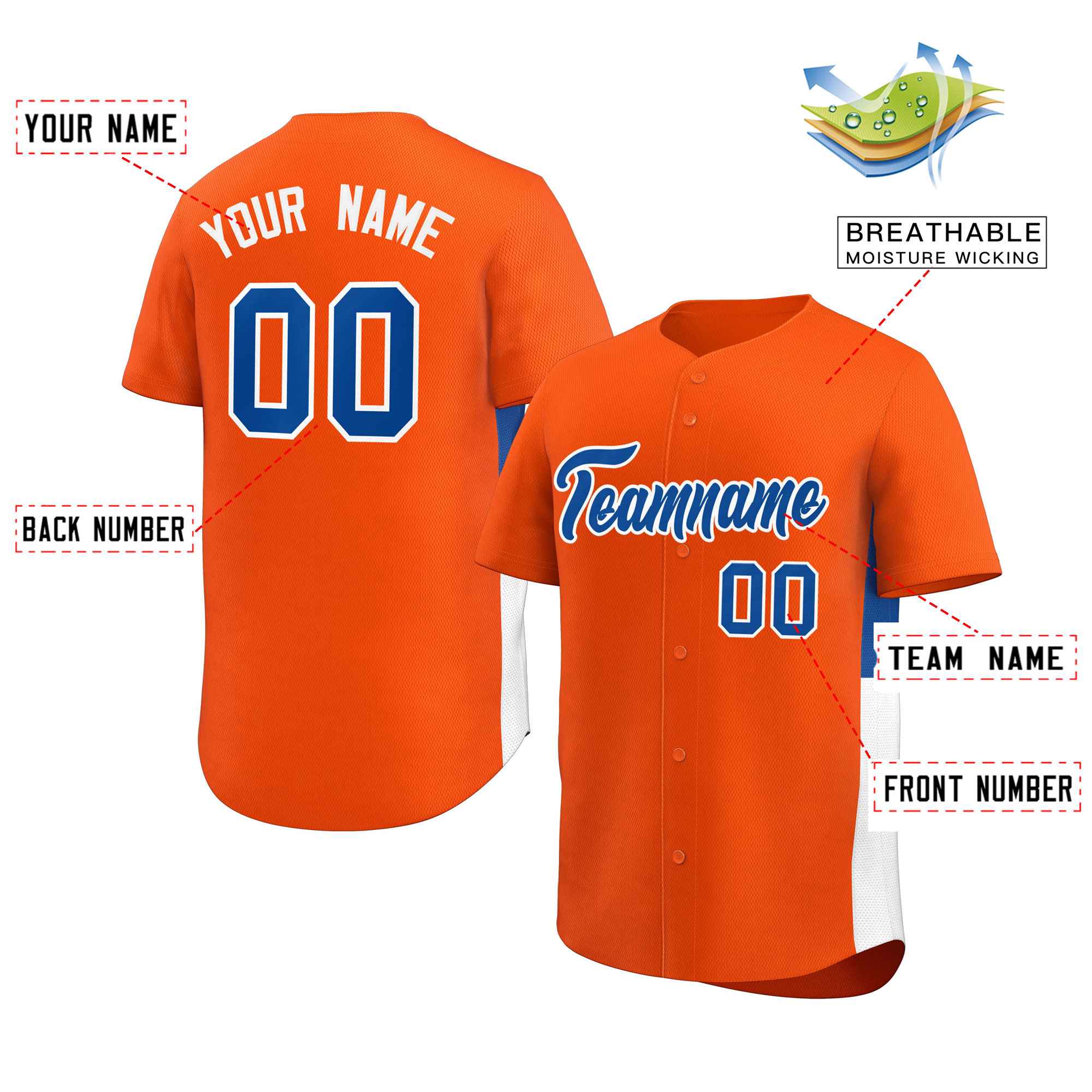 Custom Orange Royal-White Personalized Side Two-Tone Design Authentic Baseball Jersey