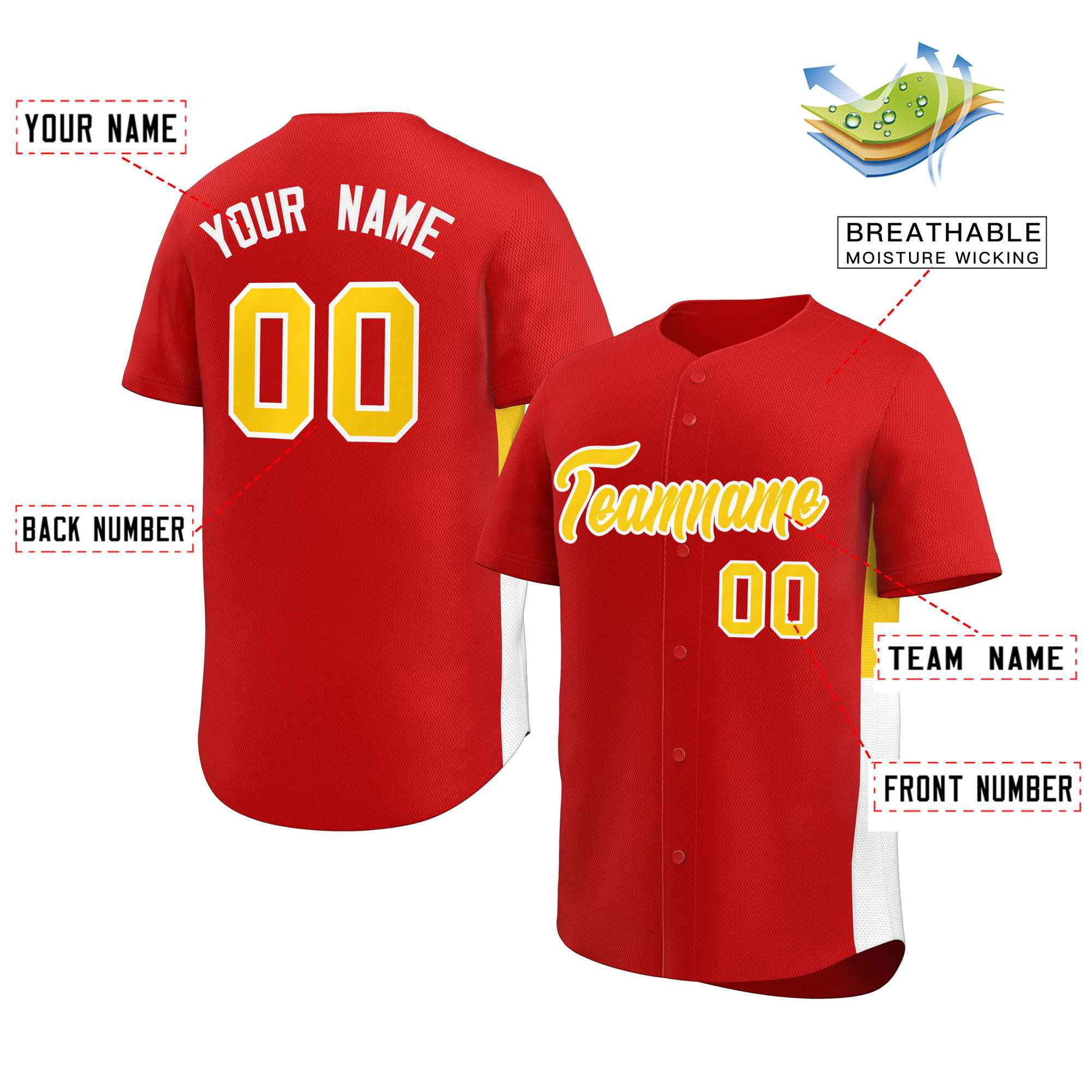 Custom Red Yellow-White Personalized Side Two-Tone Design Authentic Baseball Jersey