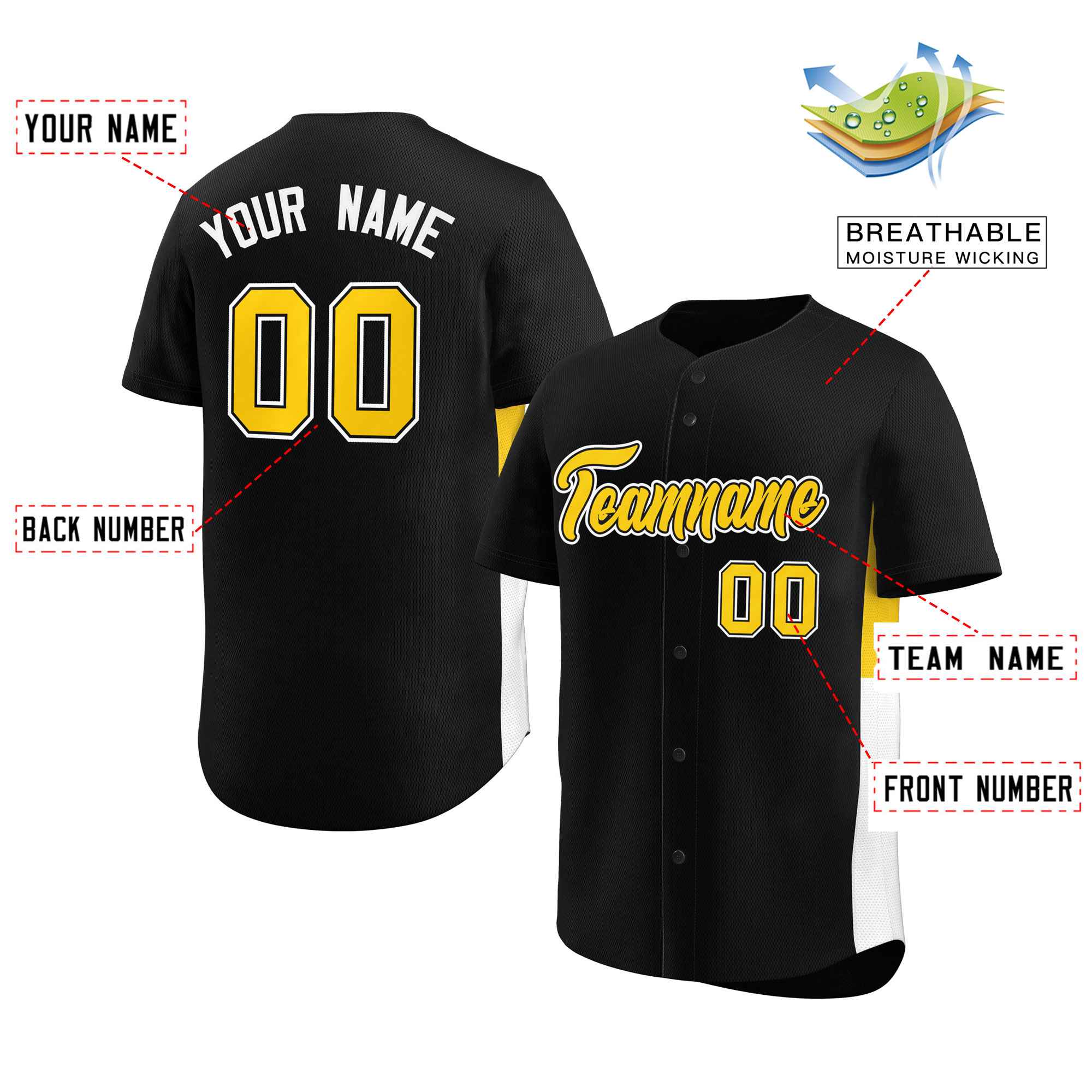 Custom Black Yellow-White Personalized Side Two-Tone Design Authentic Baseball Jersey