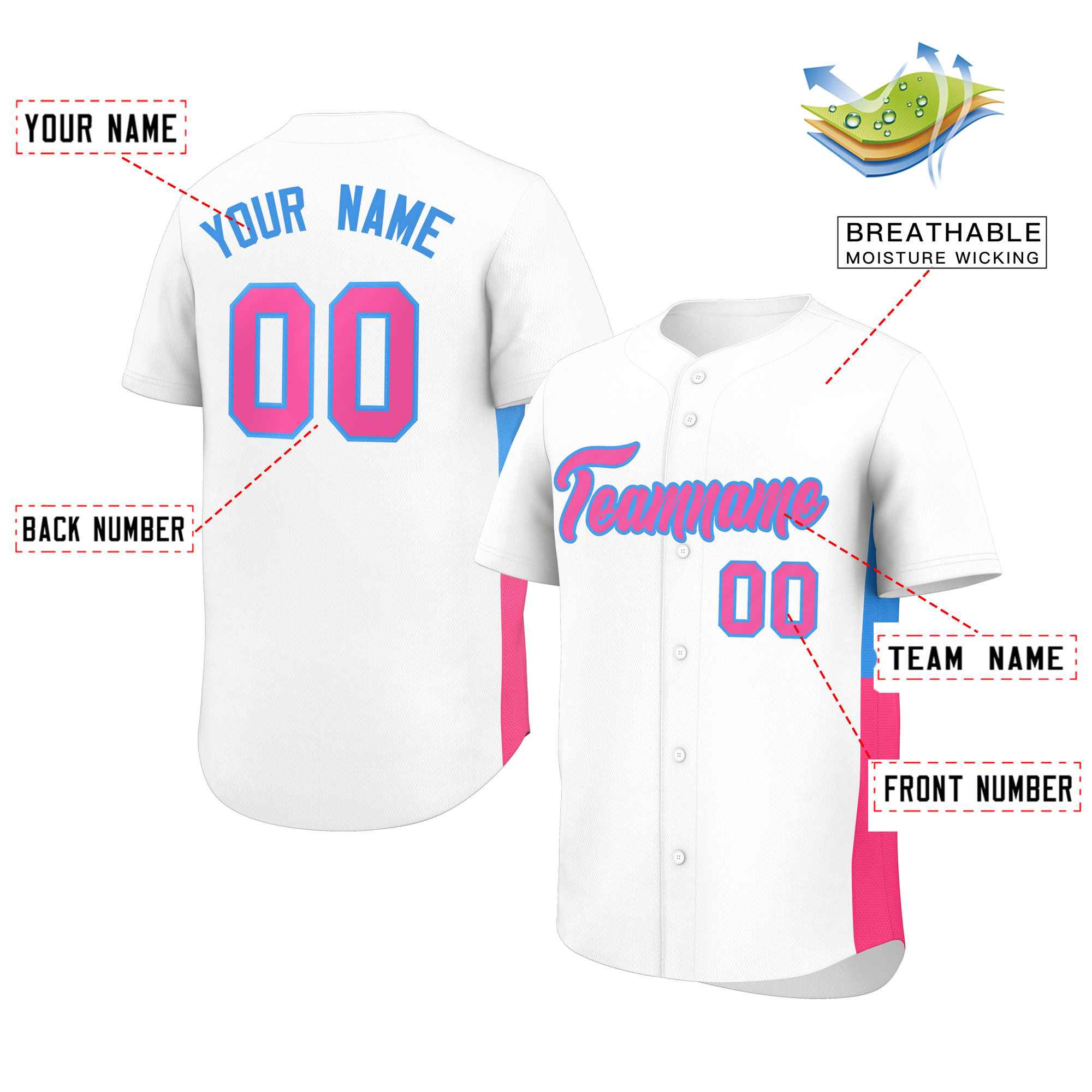 Custom White Pink-Powder Blue Personalized Side Two-Tone Design Authentic Baseball Jersey