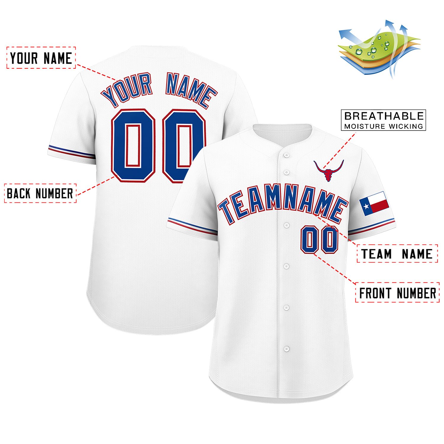 Custom White Royal Texas Flag Classic Style Authentic Baseball Jersey