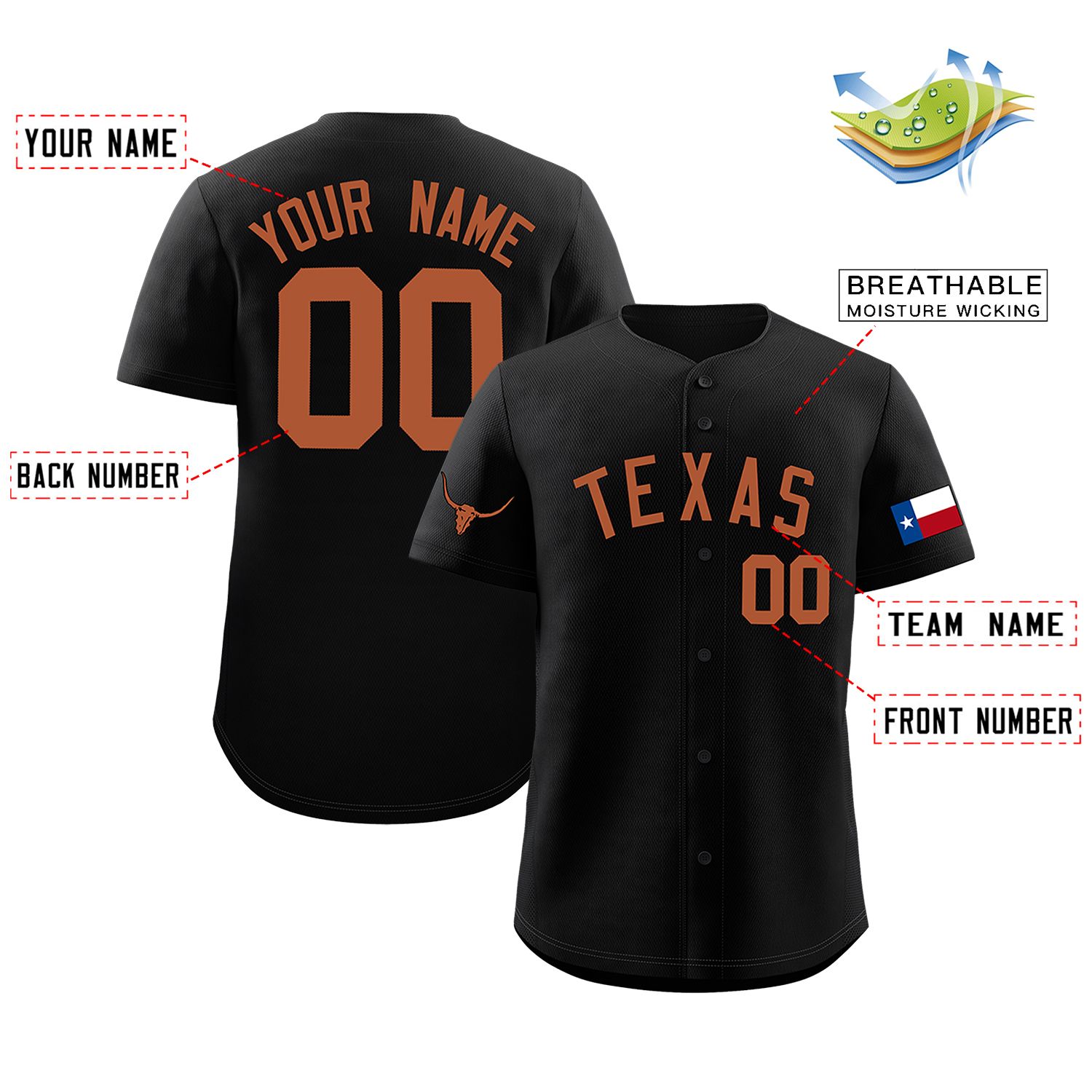 Custom Black Orange Texas Flag Classic Style Authentic Baseball Jersey