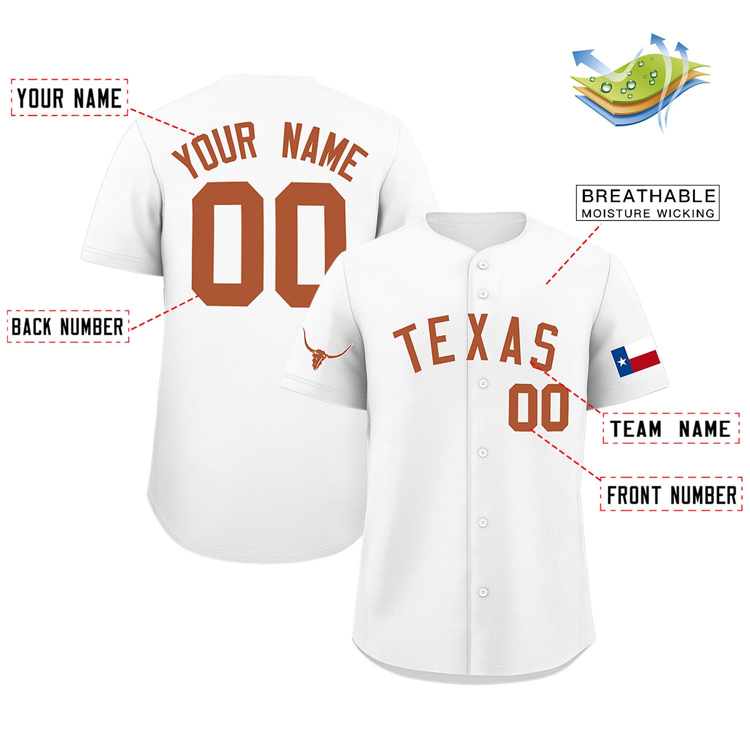 Custom White Orange Texas Flag Classic Style Authentic Baseball Jersey