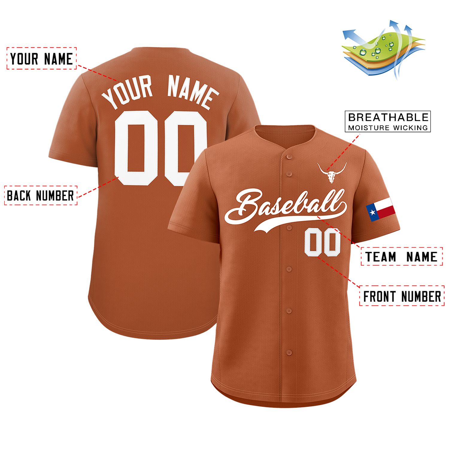 Custom Orange White Texas Flag Classic Style Authentic Baseball Jersey