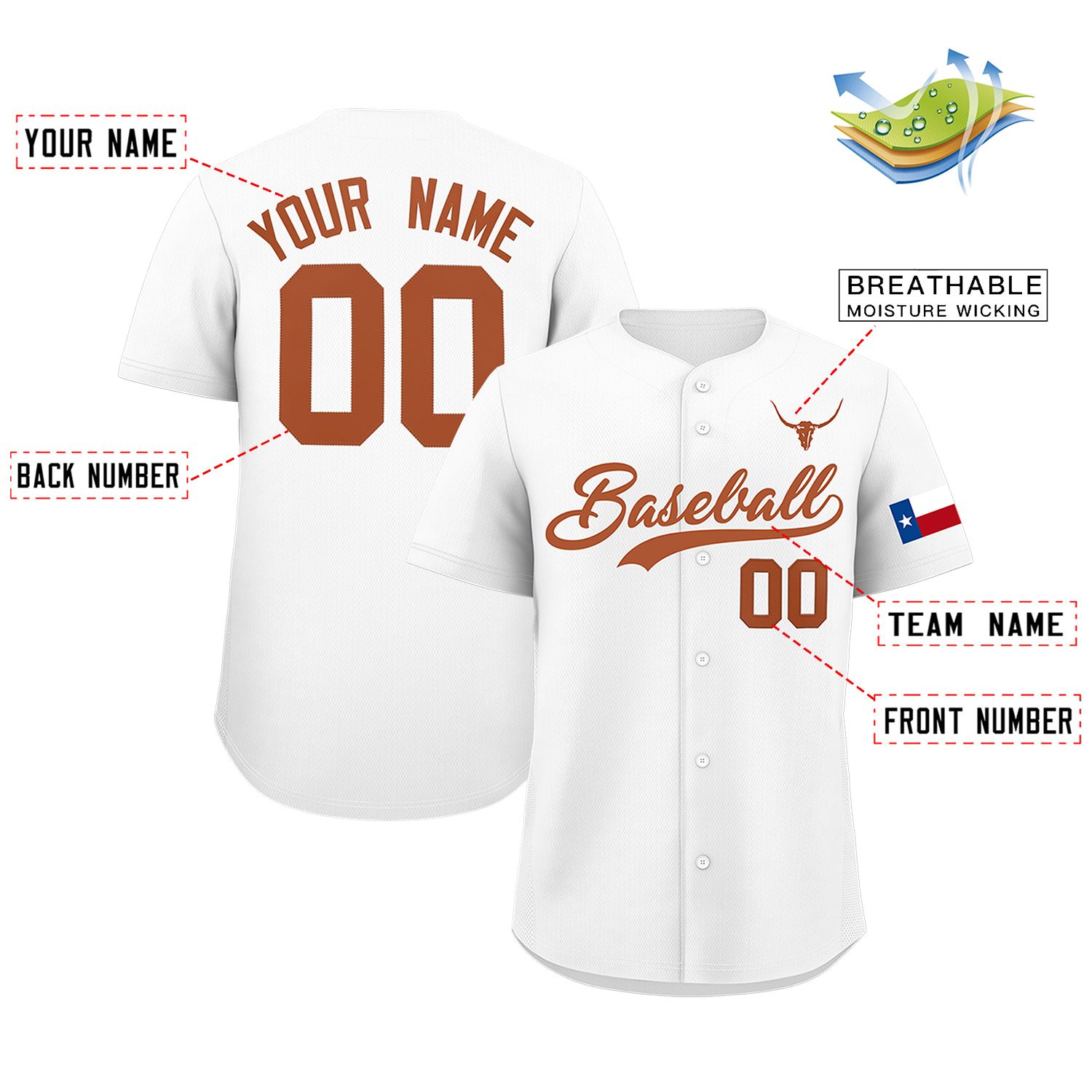 Custom White Orange Texas Flag Classic Style Authentic Baseball Jersey