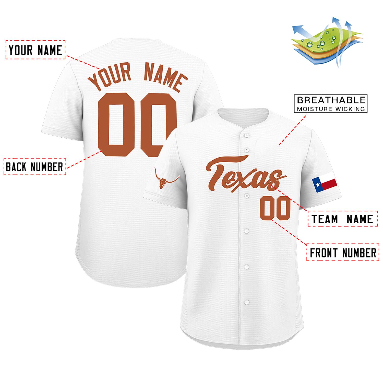 Custom White Orange Texas Flag Classic Style Authentic Baseball Jersey