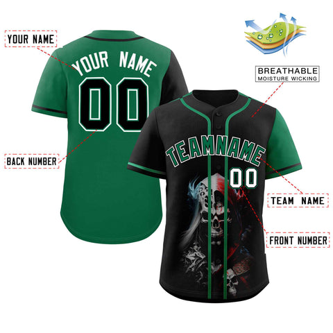 Custom Black Kelly Green Color Block Personalized Skull Pattern Authentic Baseball Jersey