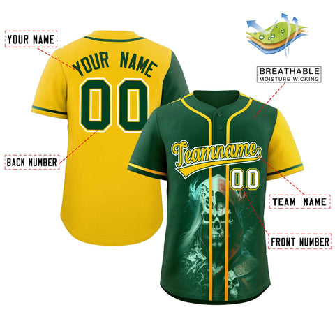 Custom Green Gold Color Block Personalized Skull Pattern Authentic Baseball Jersey