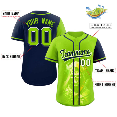 Custom Neon Green Navy Color Block Personalized Skull Pattern Authentic Baseball Jersey