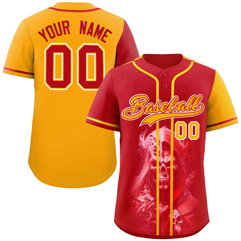 Custom Red Yellow Color Block Personalized Skull Pattern Authentic Baseball Jersey