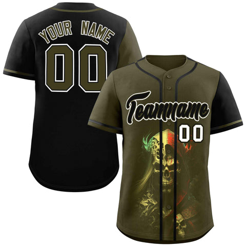 Custom Olive Black Color Block Personalized Skull Pattern Authentic Baseball Jersey