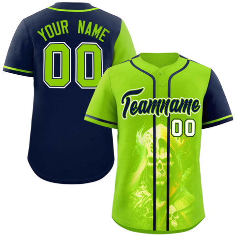 Custom Neon Green Navy Color Block Personalized Skull Pattern Authentic Baseball Jersey