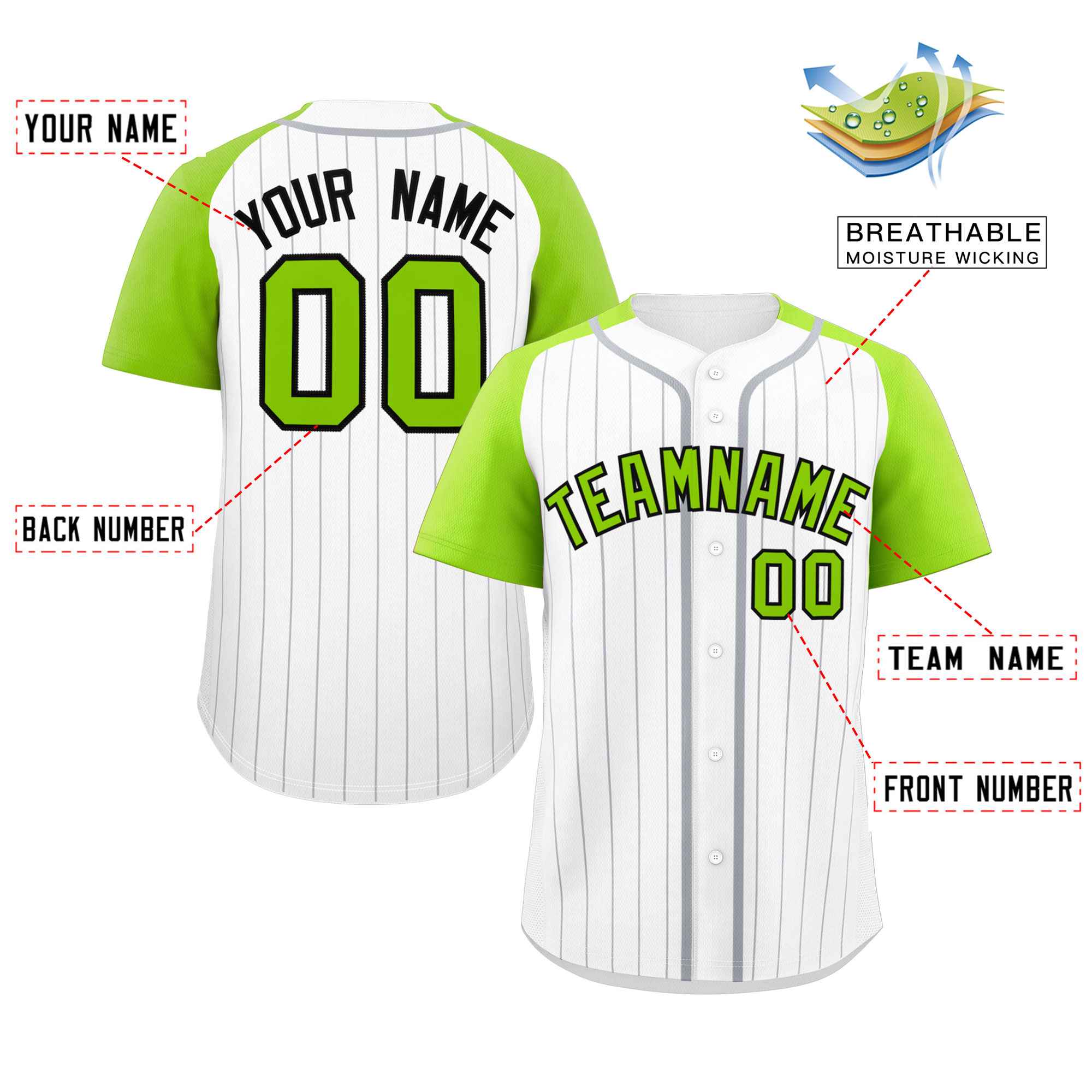 Custom White Neon Green-Black Stripe Fashion Raglan Sleeves Authentic Baseball Jersey