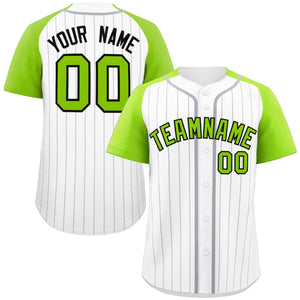 Custom White Neon Green-Black Stripe Fashion Raglan Sleeves Authentic Baseball Jersey