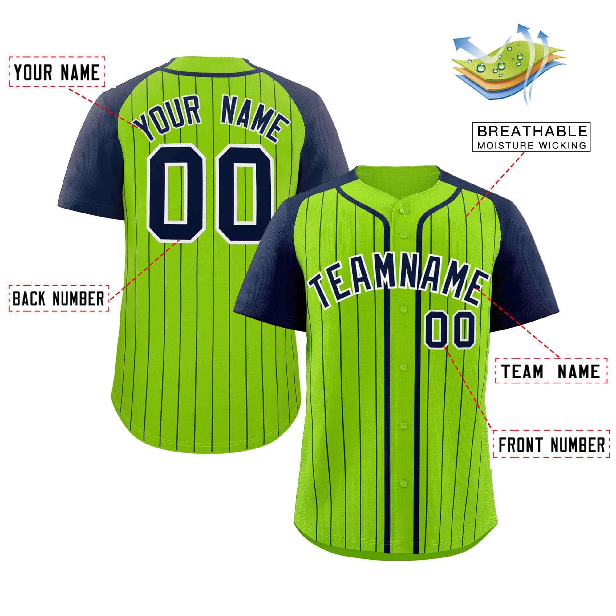 Custom Neon Green Navy-White Stripe Fashion Raglan Sleeves Authentic Baseball Jersey