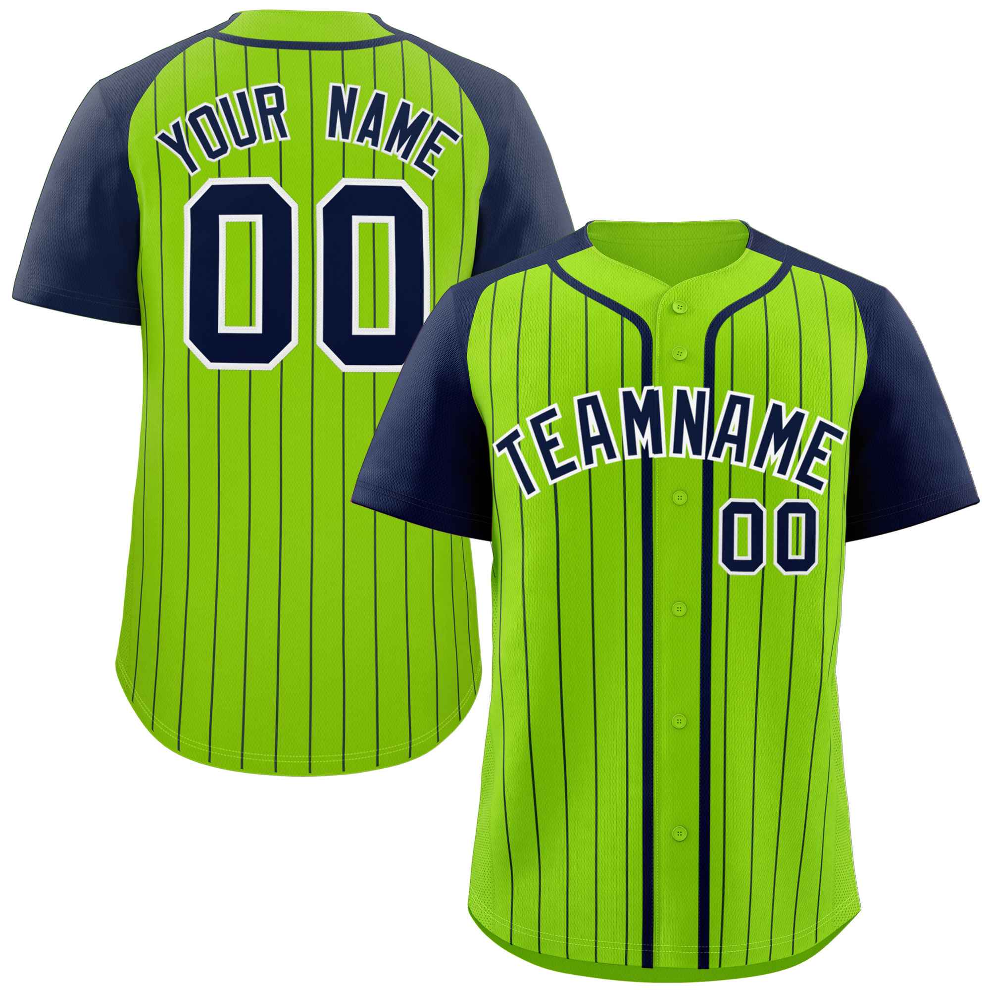 Custom Neon Green Navy-White Stripe Fashion Raglan Sleeves Authentic Baseball Jersey