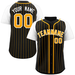 Custom Black Yellow-White Stripe Fashion Raglan Sleeves Authentic Baseball Jersey