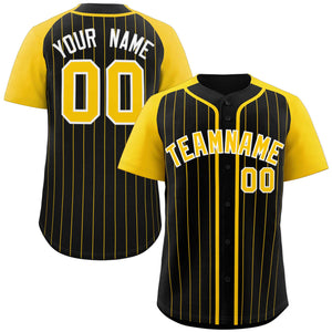 Custom Black Gold-White Stripe Fashion Raglan Sleeves Authentic Baseball Jersey