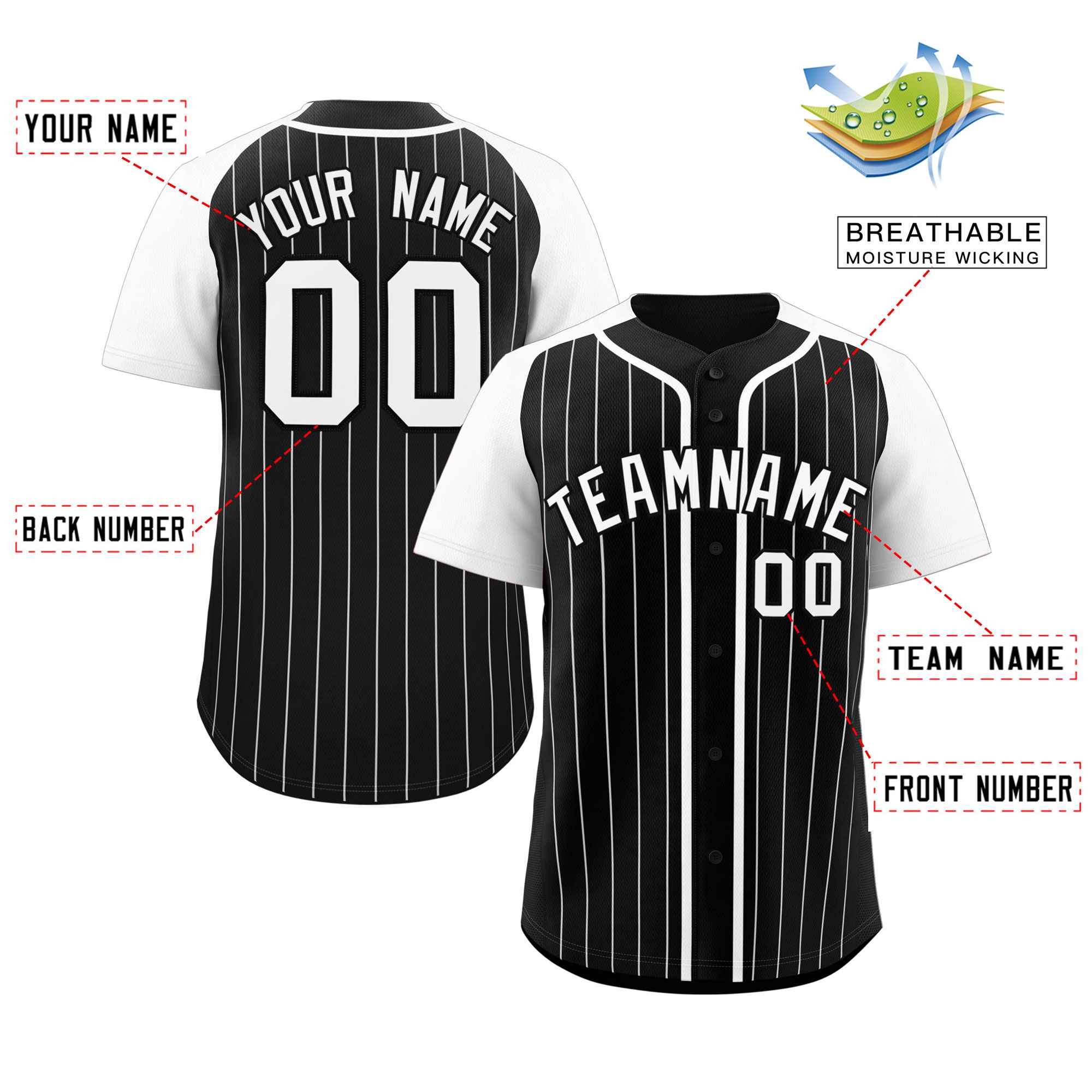 Custom Black White Stripe Fashion Raglan Sleeves Authentic Baseball Jersey