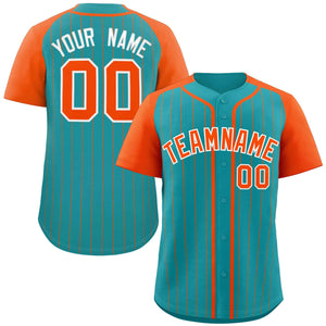 Custom Aqua Orange-White Stripe Fashion Raglan Sleeves Authentic Baseball Jersey