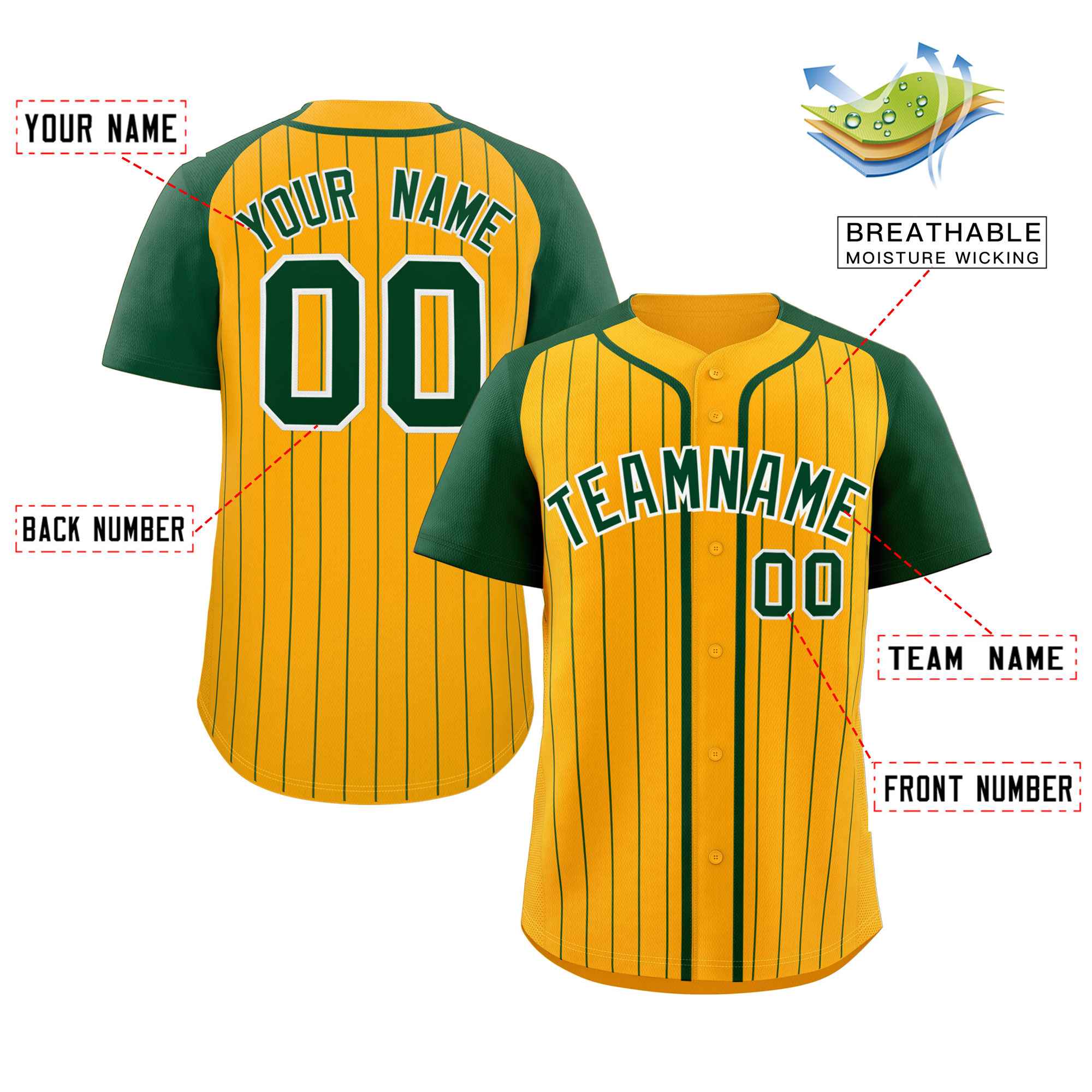 Custom Yellow Green-White Stripe Fashion Raglan Sleeves Authentic Baseball Jersey