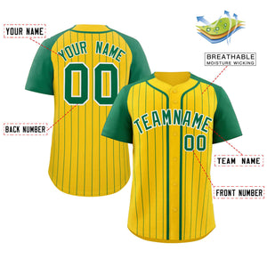 Custom Gold Kelly-Green White Stripe Fashion Raglan Sleeves Authentic Baseball Jersey